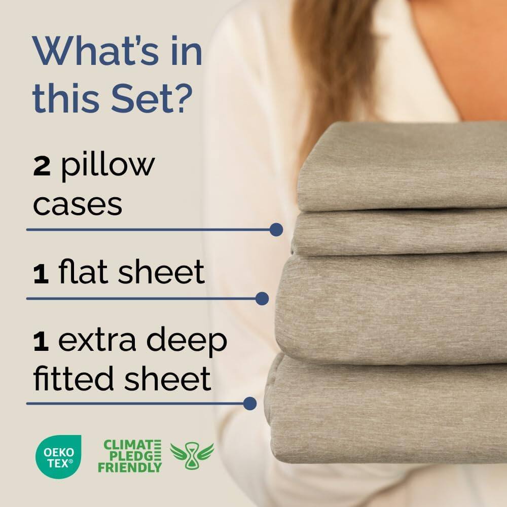 What's in this Set?

- 2 pillow cases
- 1 flat sheet
- 1 extra deep fitted sheet

CLIMATE PLEDGE FRIENDLY

OEKO TEX