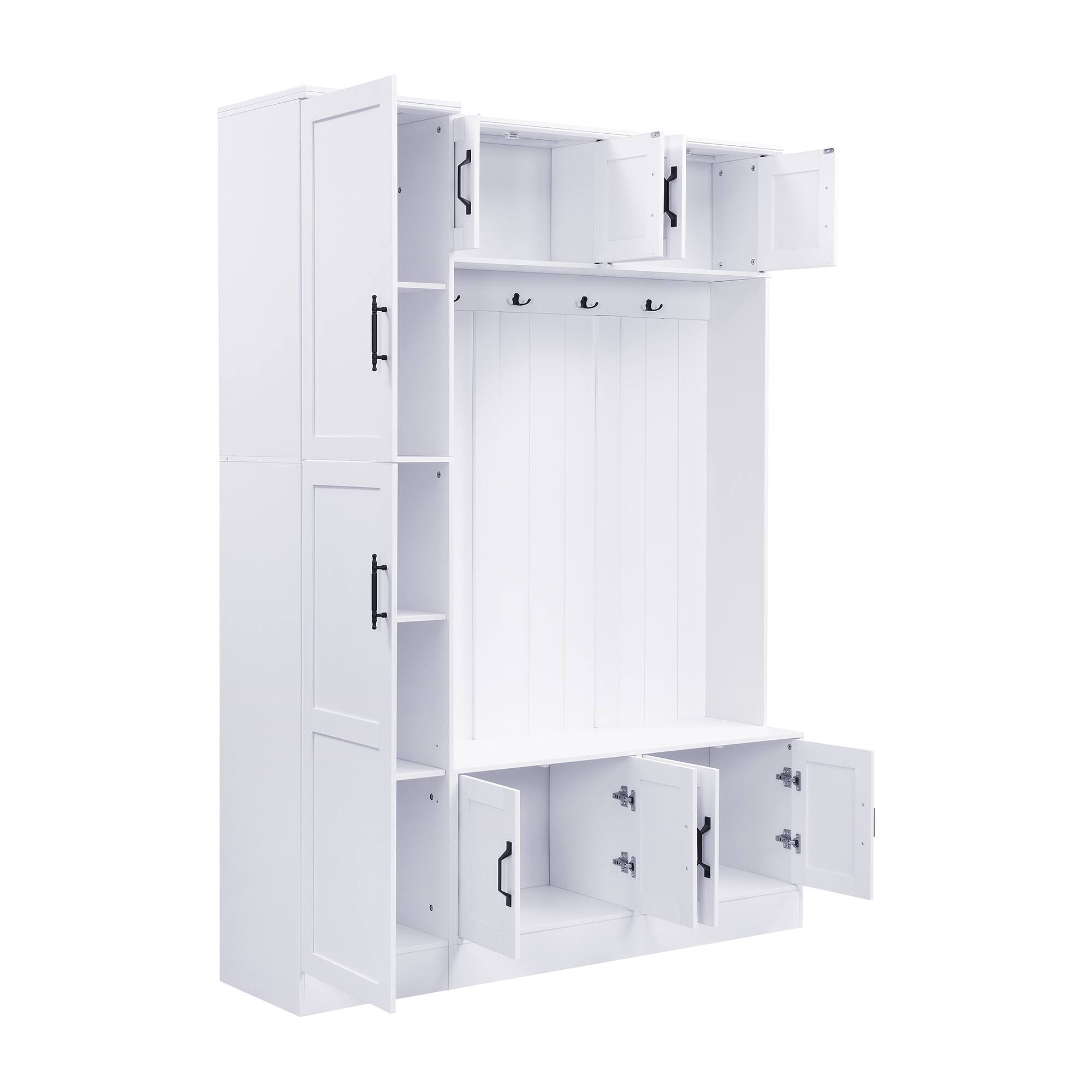 Alt View 1. Whisen - Modern Hall Tree with Shoe Storage, 4-in-1 Entryway Bench with 6 Cabinets and 4 Hooks - White.