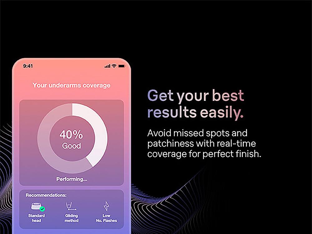 Your underarms coverage is at 40%. Get your best results easily. Avoid missed spots and patchiness with real-time coverage for a perfect finish. Performing... Recommendations: Standard head gliding method, Low No. Flashes.