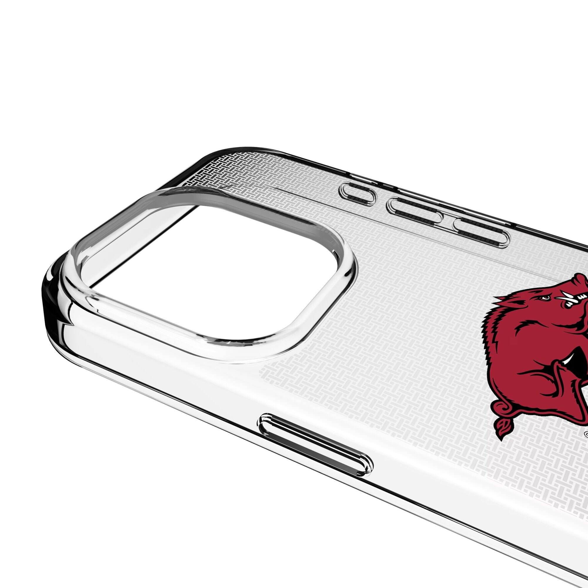 Alt View 2. Keyscaper - Arkansas Razorbacks Linen Logo iPhone Clear Case - 16 Plus - Multicolor.