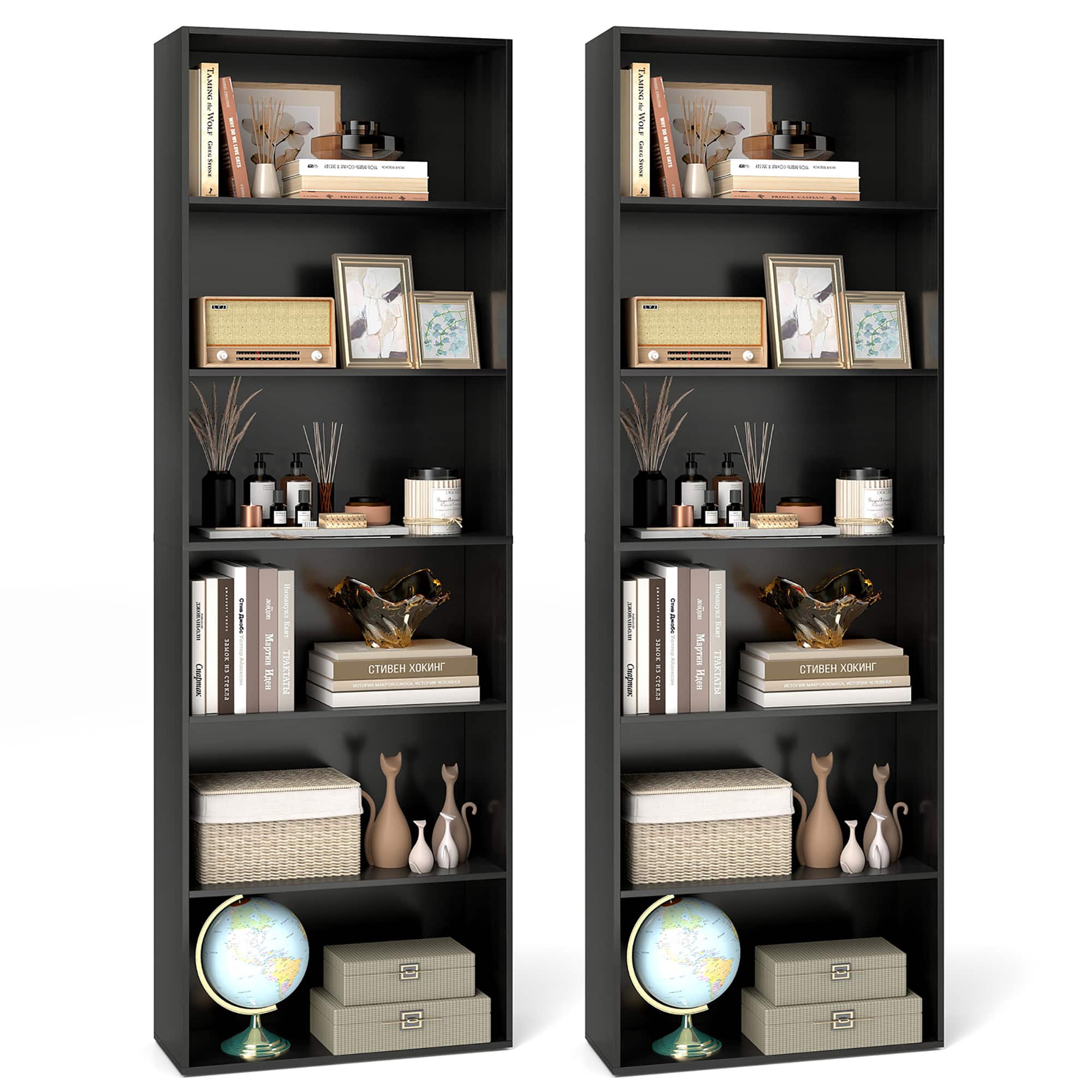 Gymax - 2PCS 70'' all 6-Tier Bookcase w/ 6 Open Shelves Anti-Toppling Kits Living Room - Black