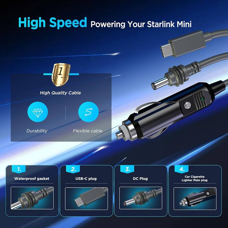 High Speed Powering Your Starlink Mini

1. High Quality Cable
2. Durability
3. Flexible cable

1. Waterproof gasket
2. USB-C plug
3. DC Plug
4. Car Cigarette Lighter Male plug
