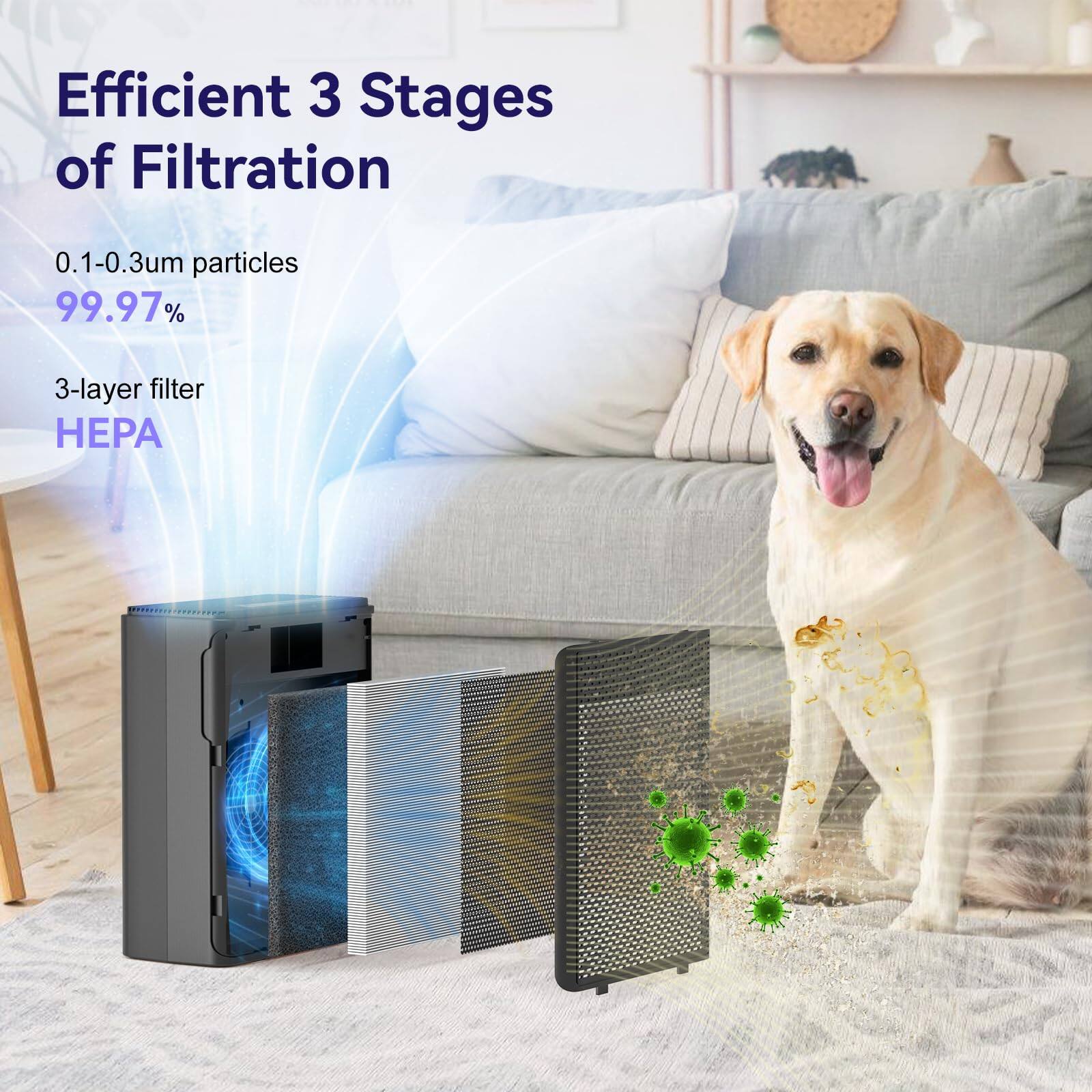 Efficient 3 Stages of Filtration

0.1-0.3µm particles 99.97%

3-layer filter HEPA
