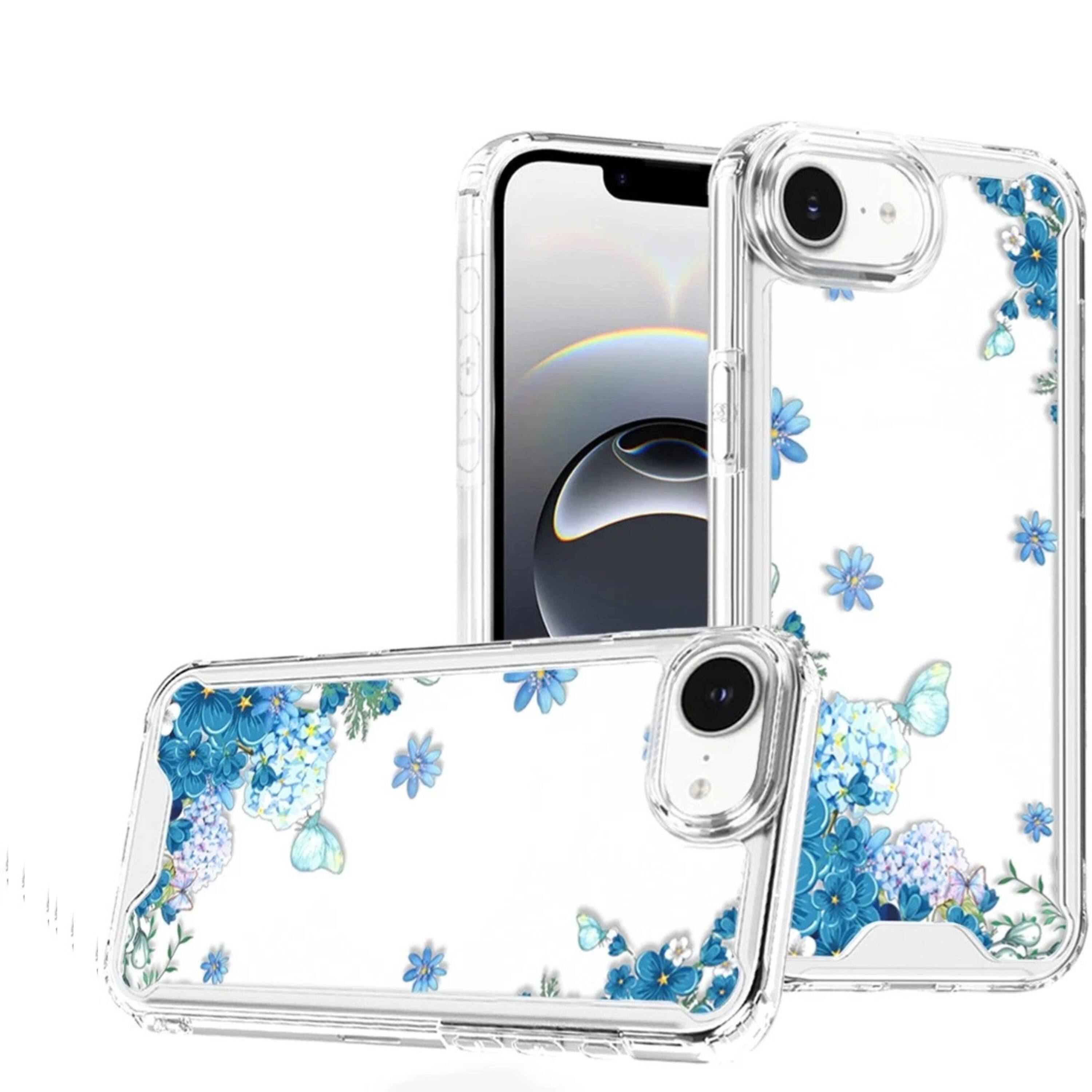 Front. Kitcheniva - Cute Print Design Clear TPU Phone Case With Tempered Glass For iPhone 16e 17e Blue Floral - White.