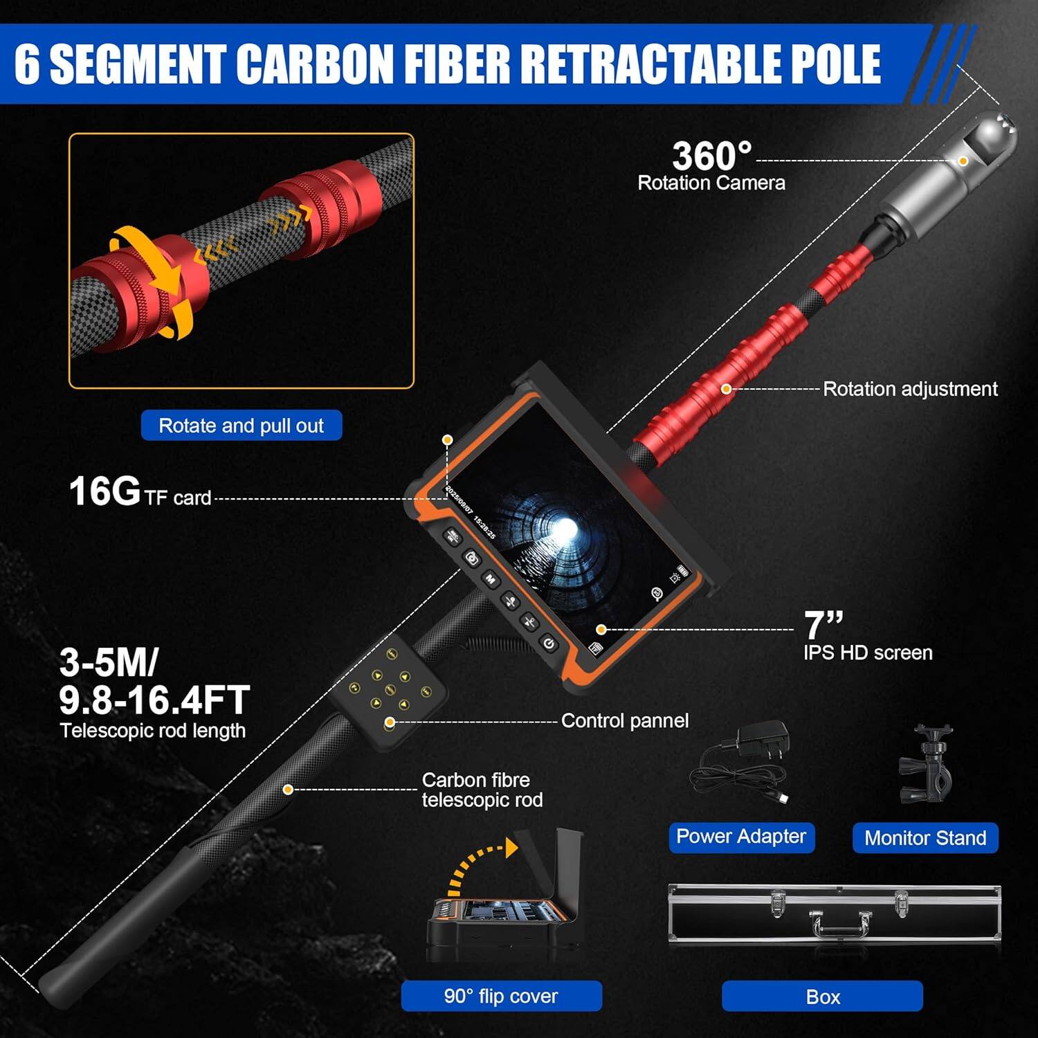 Alt View 1. Aukfa - Endoscope Camera - 7" HD with 360° Rotating Head, 3M Telescopic Pole, IP68, for Search/Rescue/Car Inspection.
