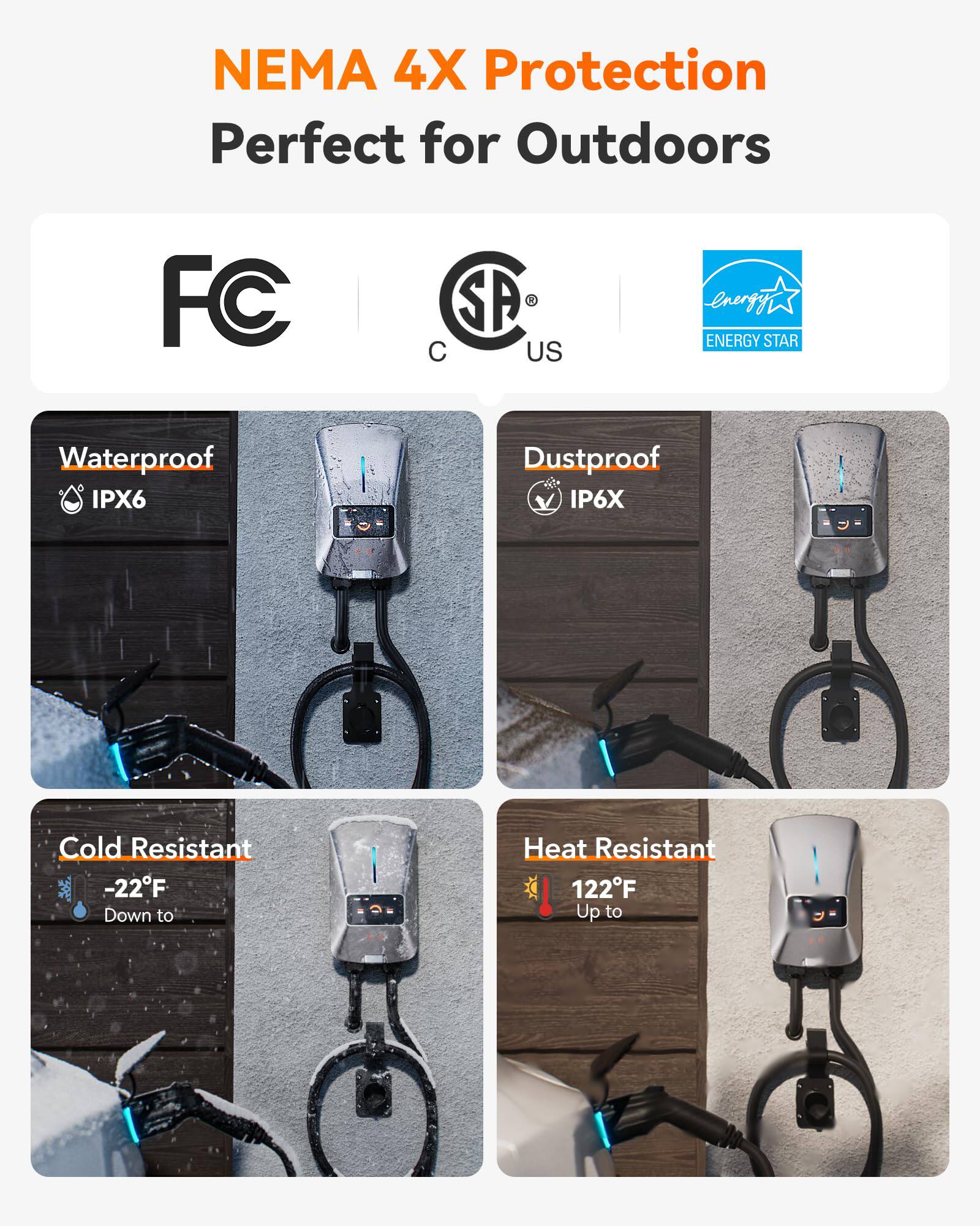 NEMA 4X Protection  
Perfect for Outdoors  

FC  
C  
US  
ENERGY STAR  

Waterproof  
IPX6  

Dustproof  
IP6X  

Cold Resistant  
-22°F Down to  

Heat Resistant  
122°F Up to