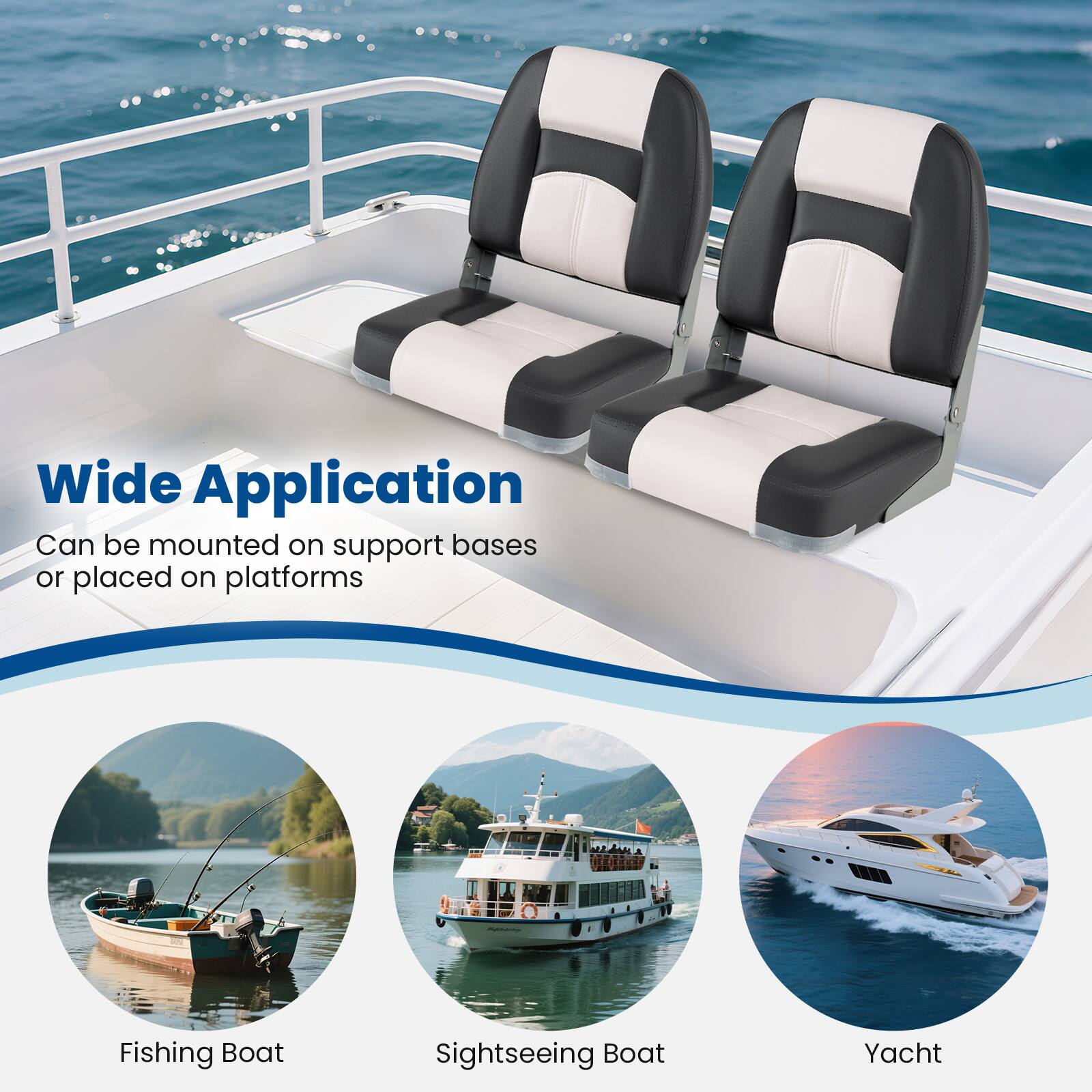 Wide Application  
Can be mounted on support bases or placed on platforms  

Fishing Boat  
Sightseeing Boat  
Yacht