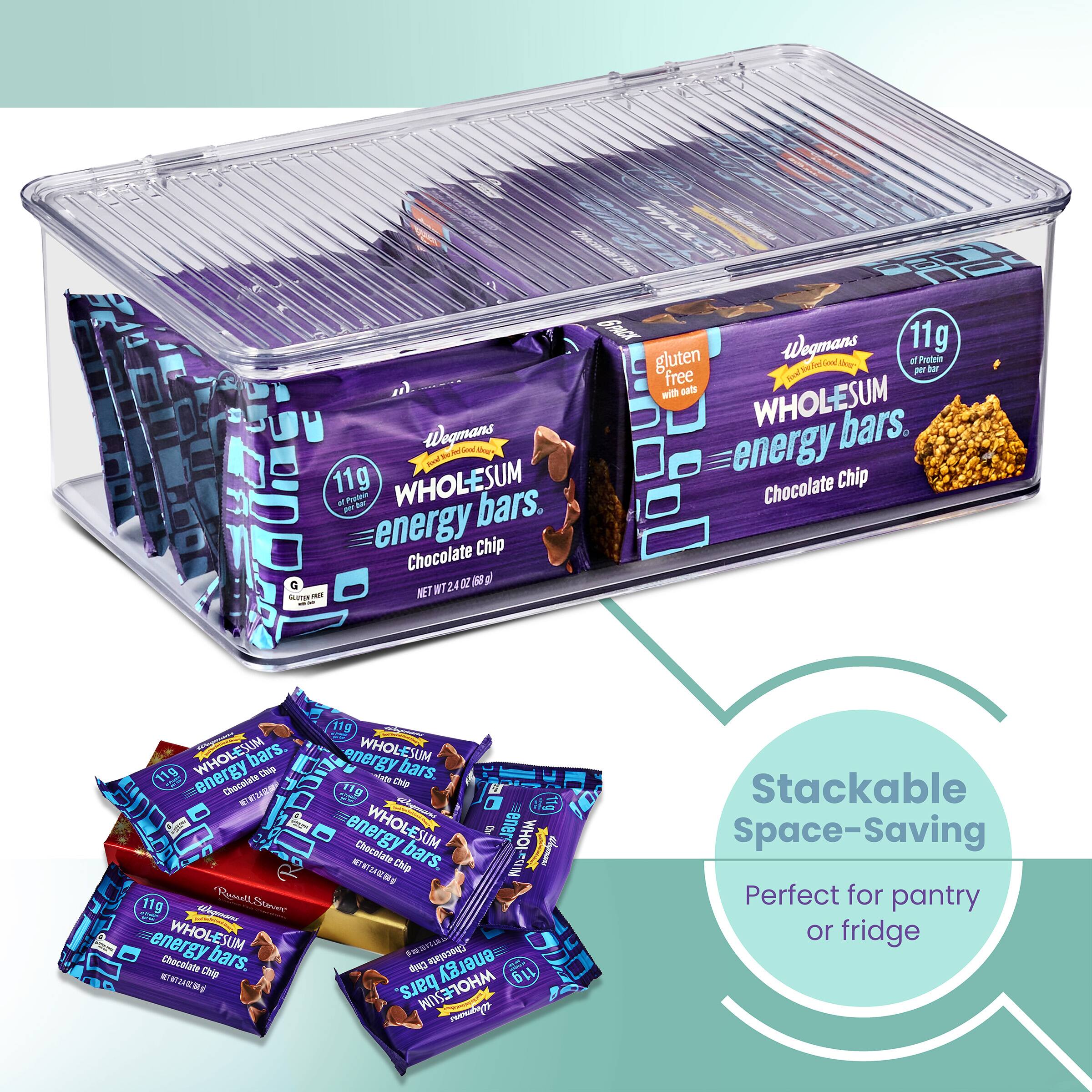 Wegmans WHOLESUM energy bars  
Chocolate Chip  
11g of Protein per bar  
Gluten free  
NET WT 2.4 OZ (68g)  

Stackable Space-Saving  
Perfect for pantry or fridge