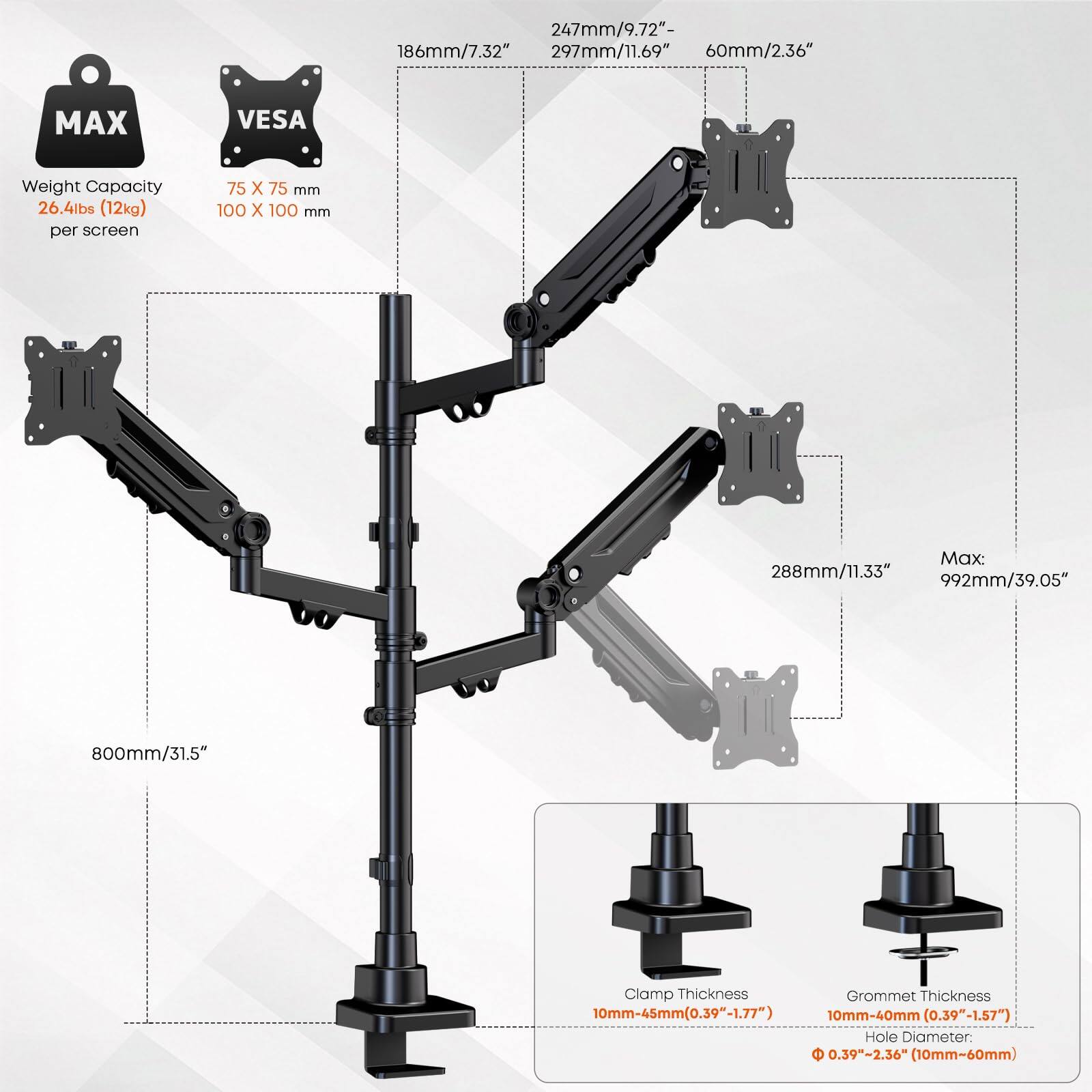 Sure, here is the corrected and grouped text from the image:

---

**MAX VESA Weight Capacity**  
26.4lbs (12kg) per screen

**VESA**  
75 X 75 mm  
100 X 100 mm

**Dimensions**  
- 186mm/7.32"  
- 247mm/9.72"  
- 297mm/11.69"  
- 60mm/2.36"  
- 288mm/11.33"  
- 992mm/39.05"  
- 800mm/31.5"

**Clamp Thickness**  
10mm-45mm (0.39"-1.77")

**Grommet Thickness**  
10mm-40mm (0.39"-1.57")

**Hole Diameter**  
0.39"-2.36" (10mm-60mm)

---
