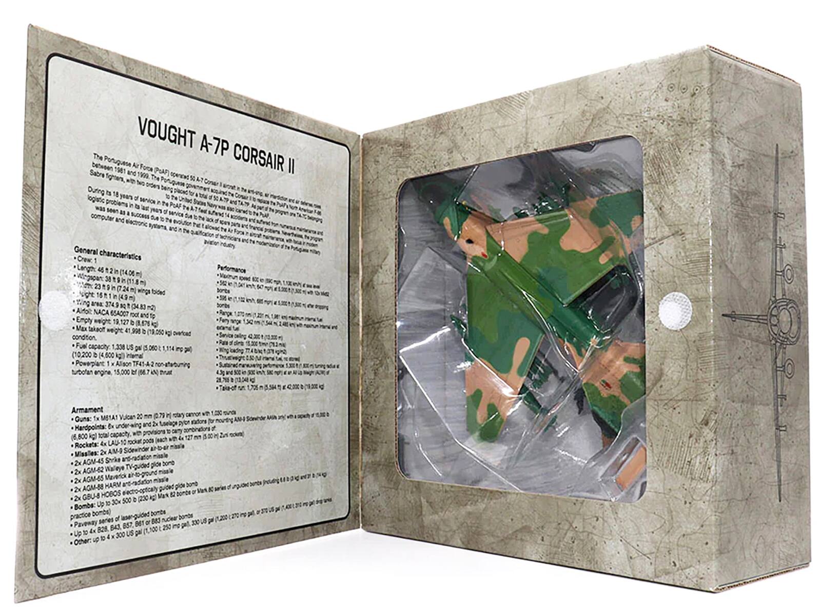 VOUGHT A-7P CORSAIR II

The Portuguese Air Force (FAP) operated the A-7P Corsair II from 1981 to 1999. The aircraft was a variant of the A-7 Corsair II, which was originally developed for the United States Navy. The A-7P was used by the FAP for maritime patrol and reconnaissance missions. The aircraft was retired from service in 1999.

General characteristics:
- Crew: 2
- Length: 14.08 m (46 ft 2 in)
- Wingspan: 10.06 m (33 ft 0 in)
- Height: 4.42 m (14 ft 6 in)
- Wing area: 23.92 m² (257.5 sq ft)
- Empty weight: 10,200 kg (22,487 lb)
- Gross weight: 19,127 kg (42,156 lb)
- Fuel capacity: 1,338 US gal (5,070 L)
- Powerplant: 1 × Allison TF41-A-2