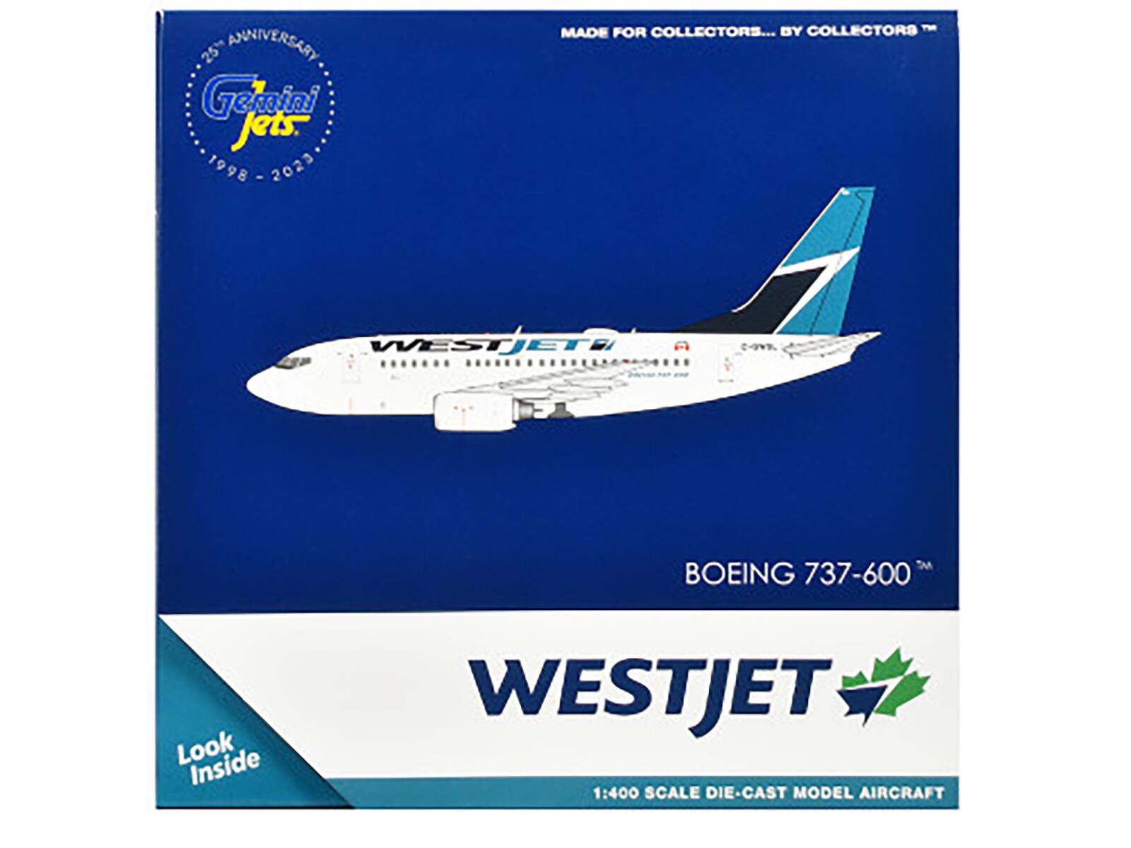 25th ANNIVERSARY Gemini Jets. 1998 - 2023 MADE FOR COLLECTORS... BY COLLECTORS WESTJET BOEING 737-600 Look Inside WESTJET 1:400 SCALE DIE-CAST MODEL AIRCRAFT