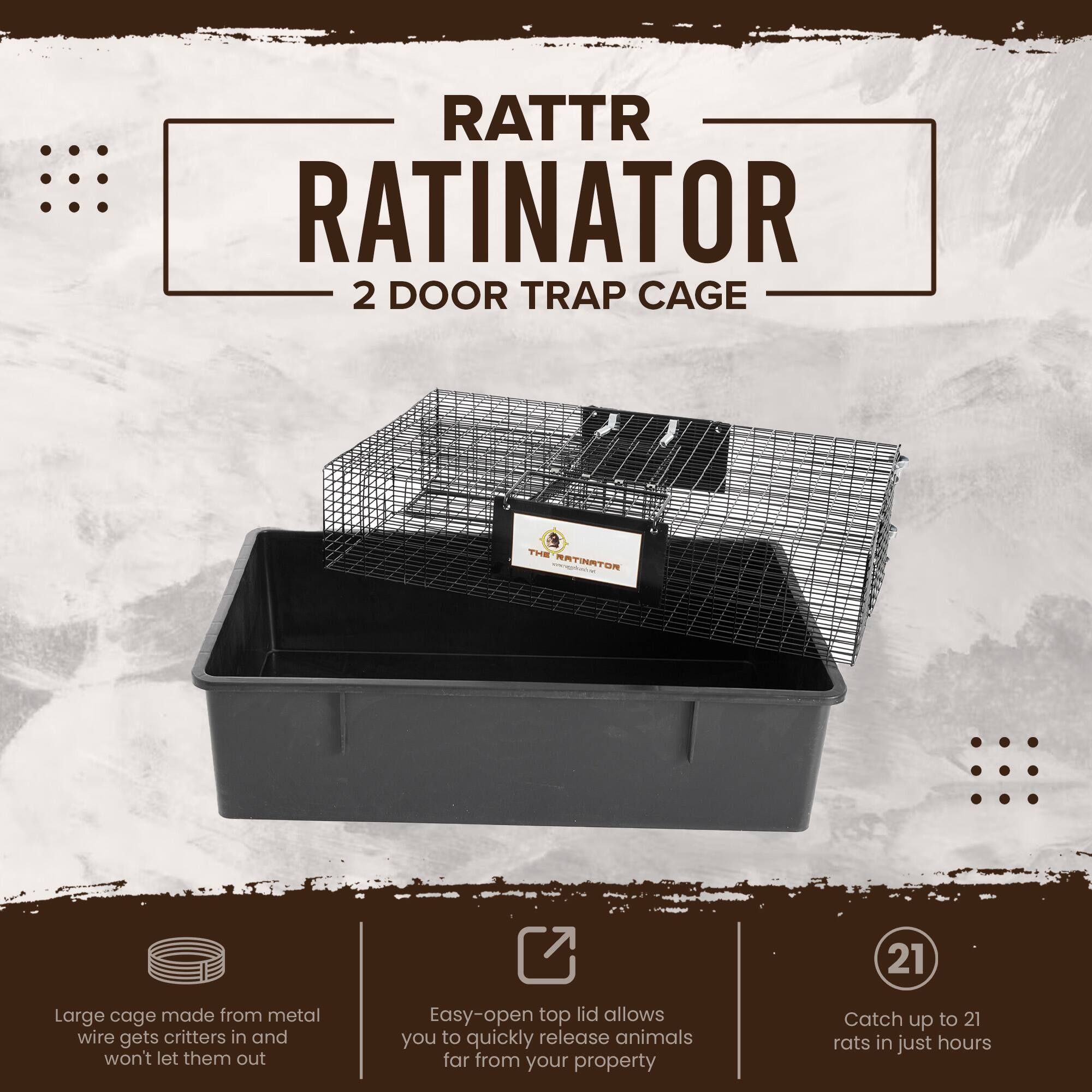 RATTR RATINATOR 2 DOOR TRAP CAGE

- Large cage made from metal wire gets critters in and won't let them out
- Easy-open top lid allows you to quickly release animals far from your property
- Catch up to 21 rats in just hours