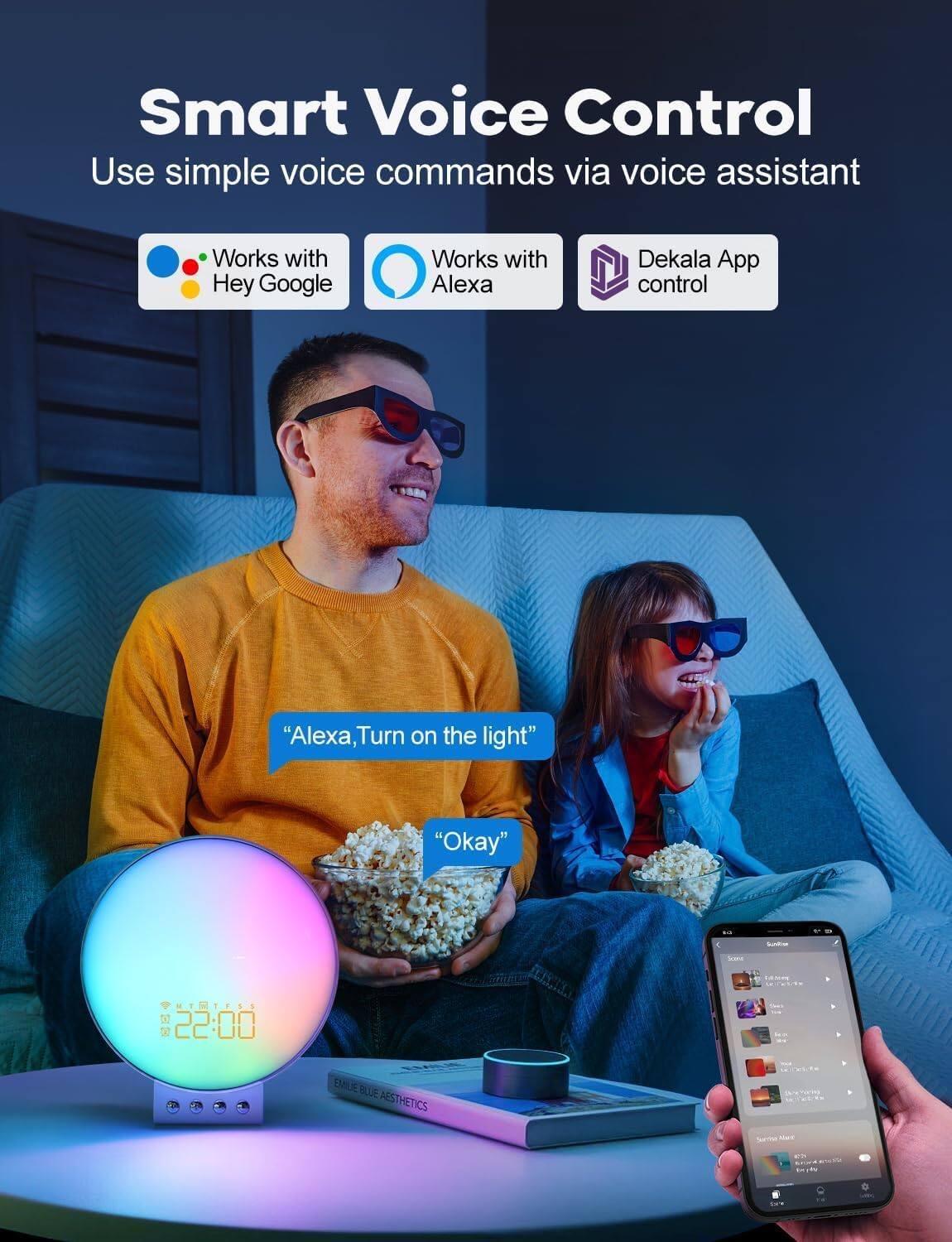 Smart Voice Control  
Use simple voice commands via voice assistant  
Works with Hey Google  
Works with Alexa  
Dekala App control  

"Alexa, Turn on the light"  
"Okay"  

S 10m IWTPSS . 22:00 EMILIE BLUE AESTHETICS