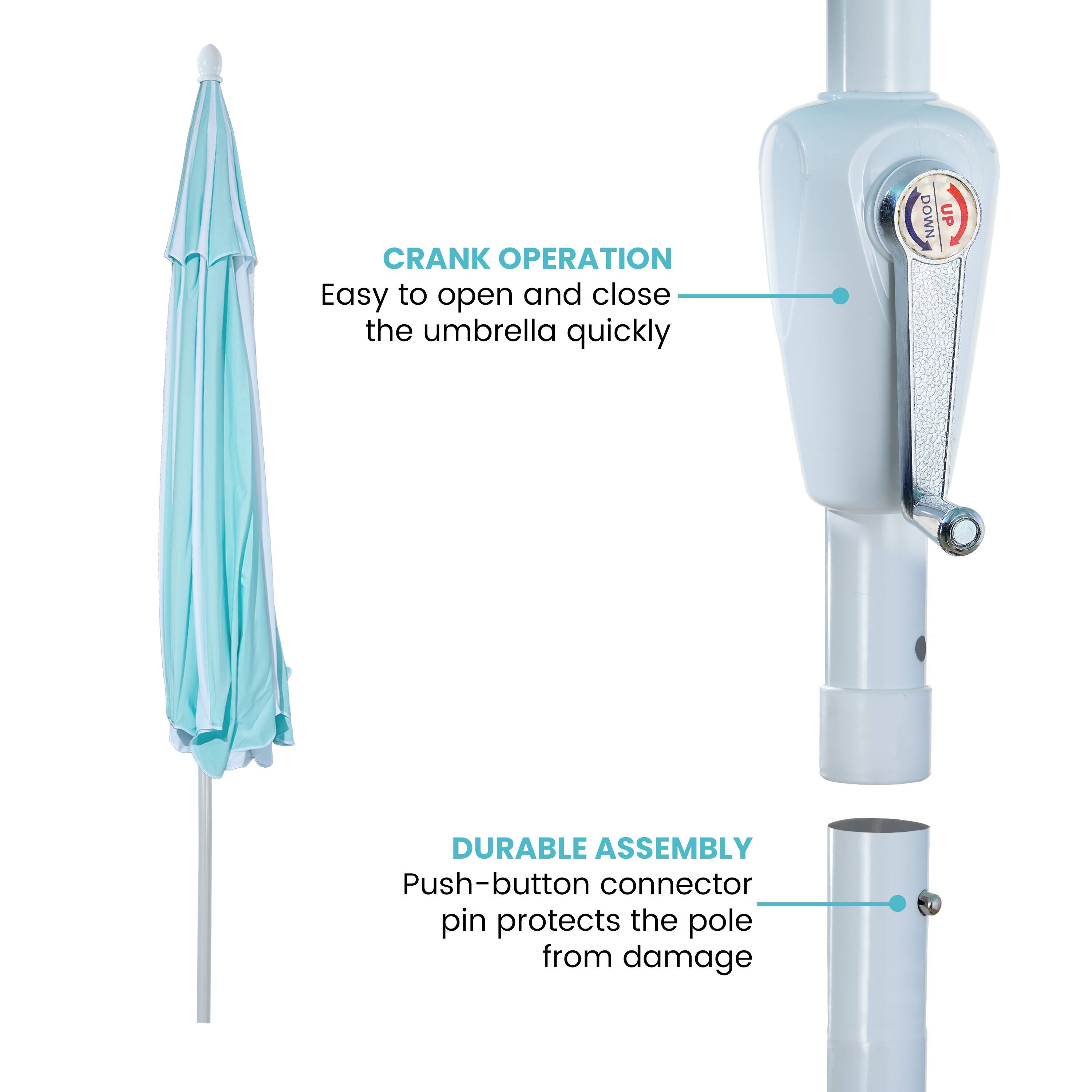 CRANK OPERATION  
Easy to open and close the umbrella quickly  

DURABLE ASSEMBLY  
Push-button connector pin protects the pole from damage