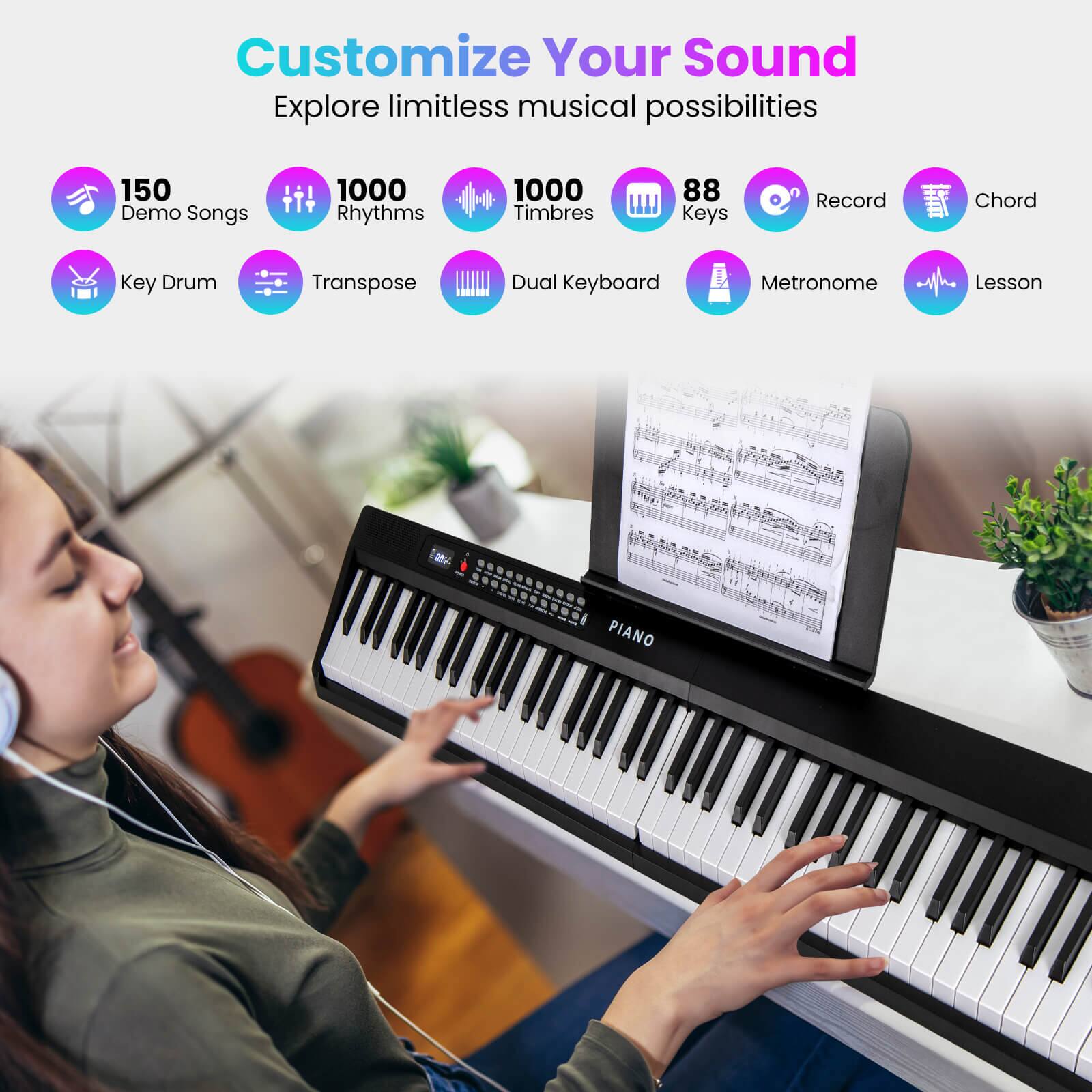 Customize Your Sound  
Explore limitless musical possibilities

- 150 Demo Songs
- 1000 Rhythms
- 1000 Timbres
- 88 Keys
- Record
- Chord
- Key Drum
- Transpose
- Dual Keyboard
- Metronome
- Lesson