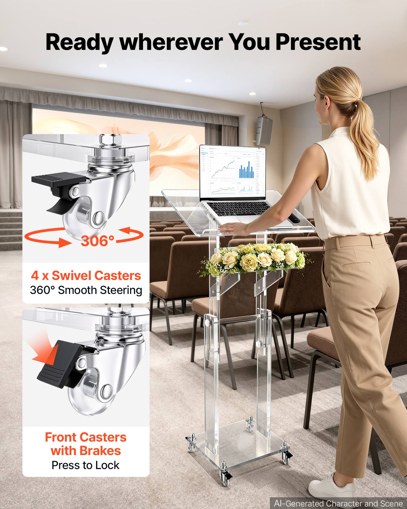 Ready wherever You Present

306

4 x Swivel Casters 360° Smooth Steering

Front Casters with Brakes Press to Lock

AI-Generated Character and Scene