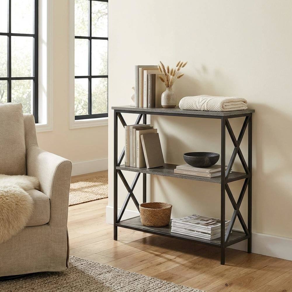 Alt View 1. FurniFact - Powder Coated Metal 3-Tier Bookcase with Non-Lead Paint Finish - Weathered Gray.