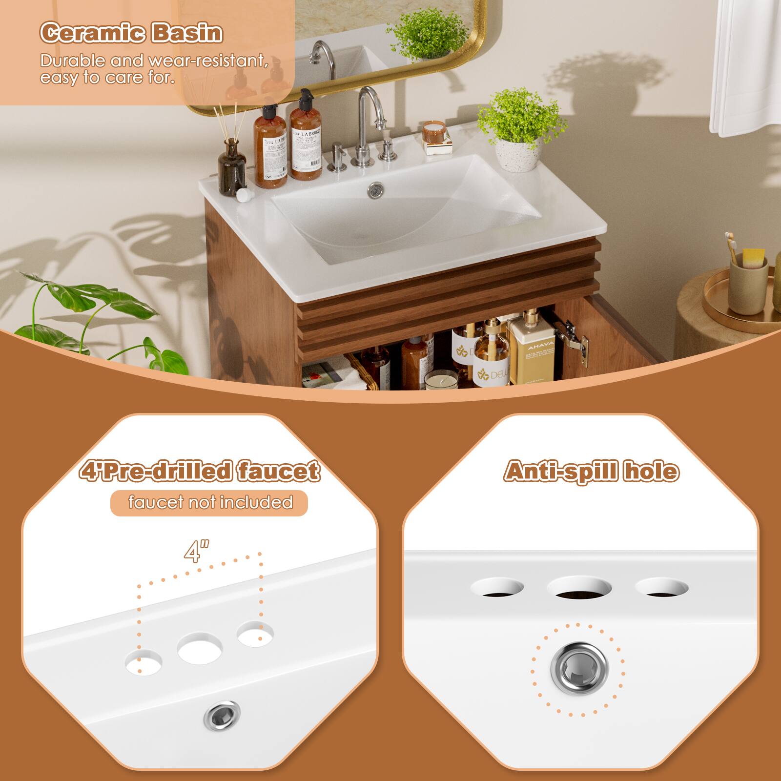 Ceramic Basin Durable and wear-resistant, easy to care for. 4Pre-drilled faucet faucet not included Anti-spill hole 4"
