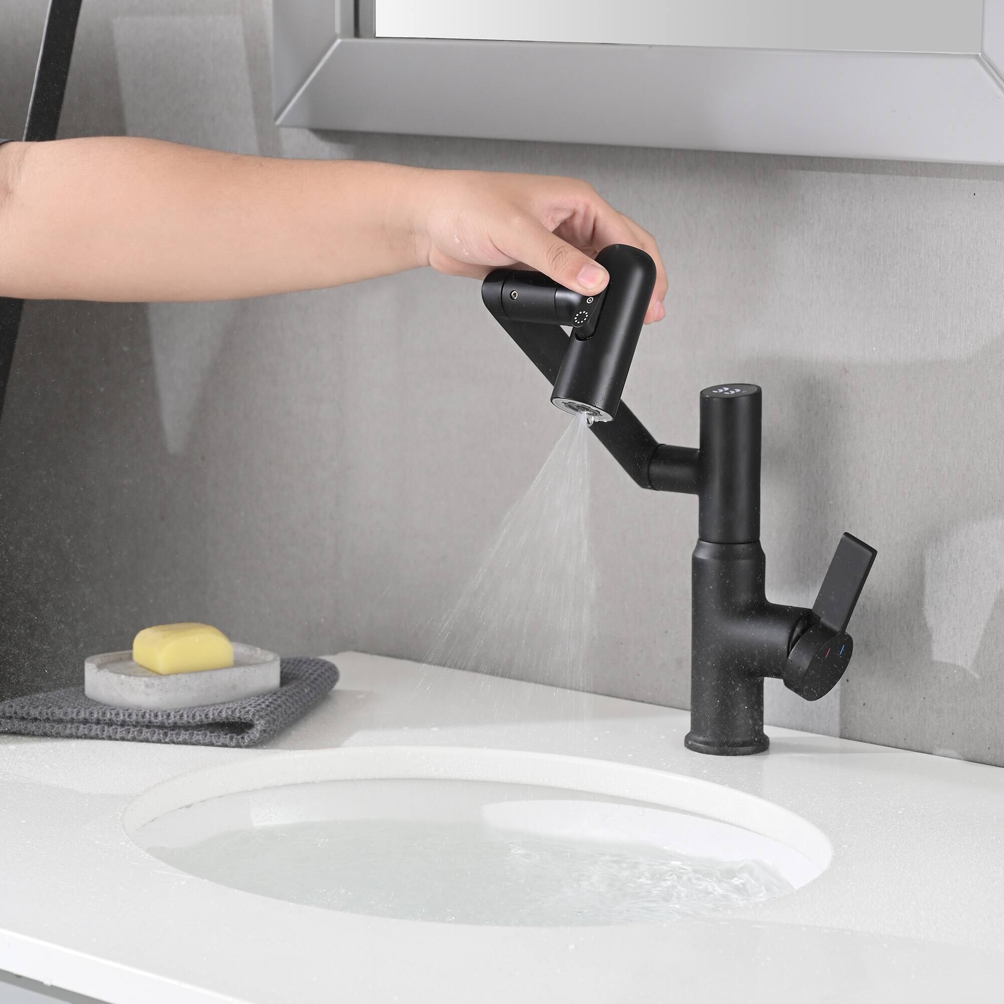 Alt View 3. Meqiodas - Bathroom Sink Faucet with Spray Function, Temperature Display, Anti-Slip Switch, Hot & Cold Controls, and 360° Swivel - Black.
