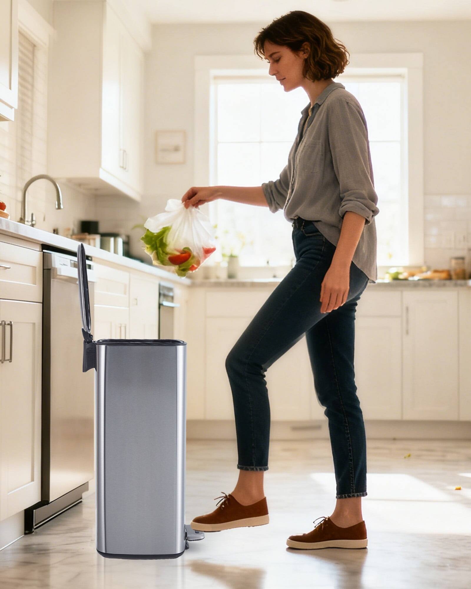 Alt View 4. Homhougo - 8 Gallon Kitchen Trash Can, Stainless Steel with Lid & Inner Bucket, Step-On Square Bin - Silver - Silver.