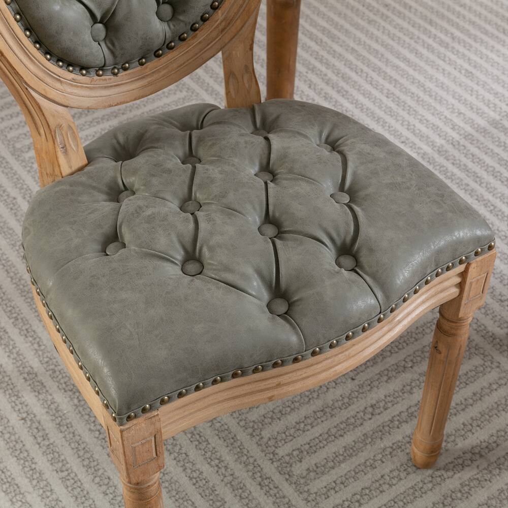 Alt View 6. Loheer - Loheer French Style Dining Chairs Set of 2, Solid Wood Tufted PU Leather Oval Back Chairs, Pine Green - White Pine Green.