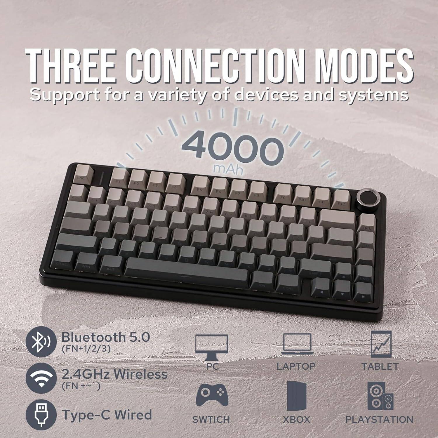 THREE CONNECTION MODES  
Support for a variety of devices and systems  

4000 mAh  

Bluetooth 5.0 (FN+1/2/3)  
2.4GHz Wireless (FN+~)  
Type-C Wired  

PC LAPTOP TABLET  
SWITCH XBOX PLAYSTATION