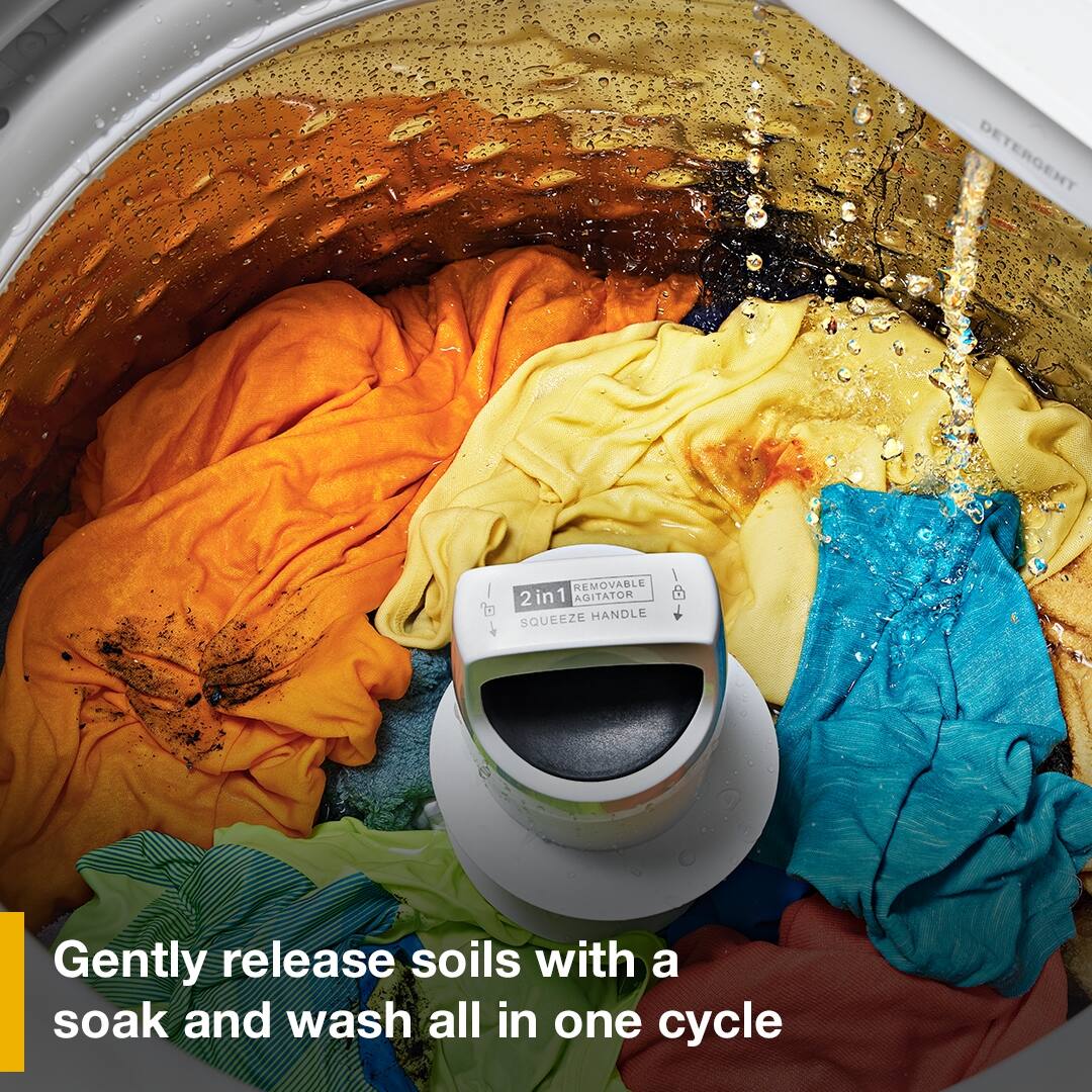 Gently release soils with a soak and wash all in one cycle

DETERGENT REMOVABLE 2in1 AGITATOR SQUEEZE HANDLE