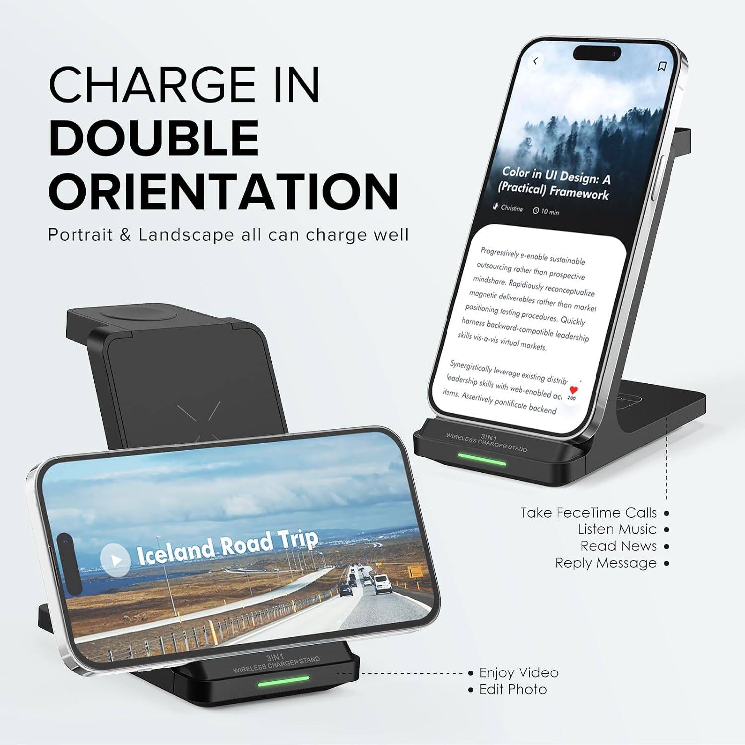 CHARGE IN DOUBLE ORIENTATION

Color in UI Design: A (Practical) Framework

Portrait & Landscape all can charge well

Progressively e-enable sustainable outsourcing rather than prospective mindshare. Rapidly reconceptualize magnetic deliverables rather than market positioning testing procedures. Quickly harness vis-a-vis backward-compatible leadership skills via virtual markets.

Synergistically leverage existing distribution items. Assertively web-enabled backend

Take FaceTime Calls
Listen Music
Read News
Reply Message

Enjoy Video
Edit Photo