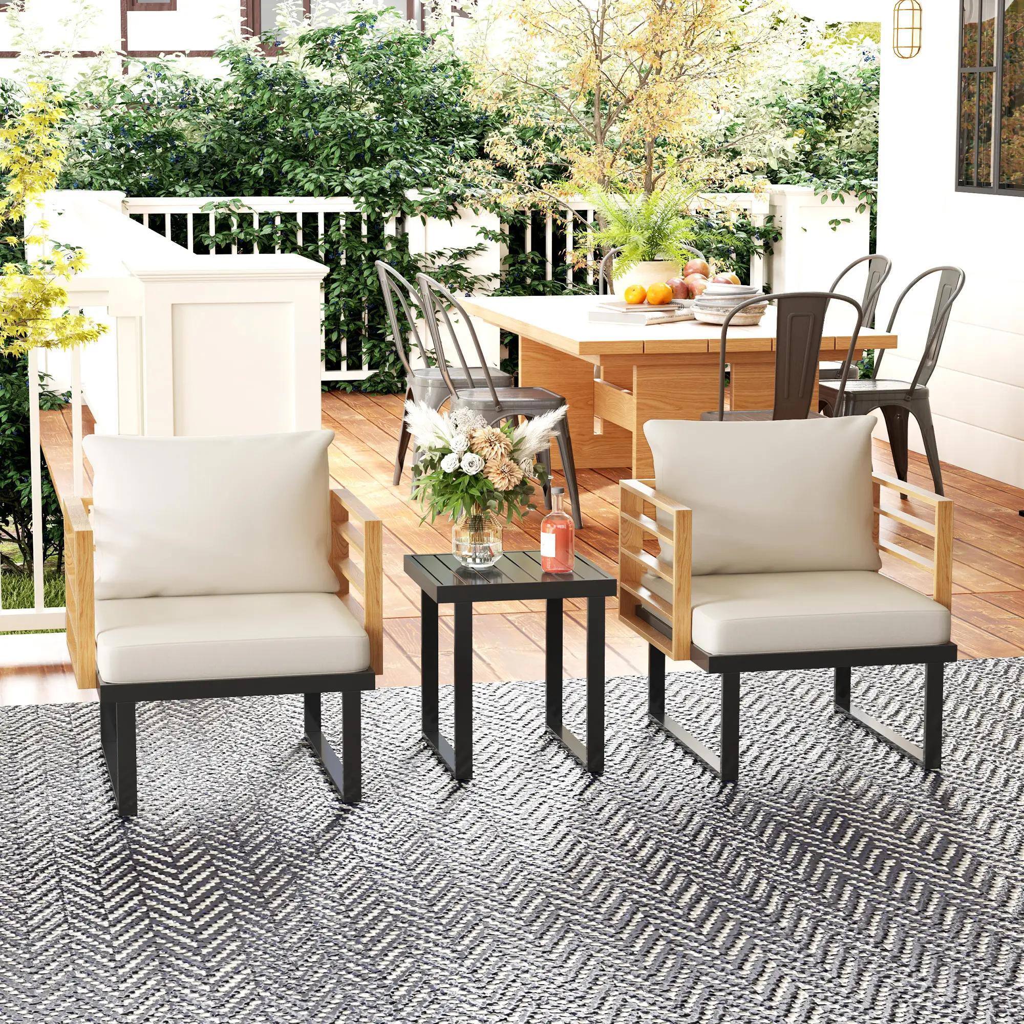 Angle. Spaco - Spaco 3-Piece Metal Patio Set, Small Cushioned Armchairs, Slatted Table - Beige.