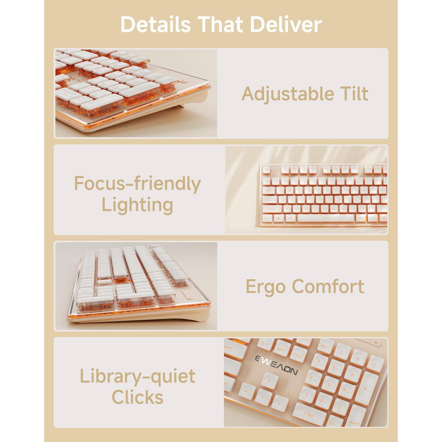 Details That Deliver

- Adjustable Tilt
- Focus-friendly Lighting
- Ergo Comfort
- Library-quiet Clicks