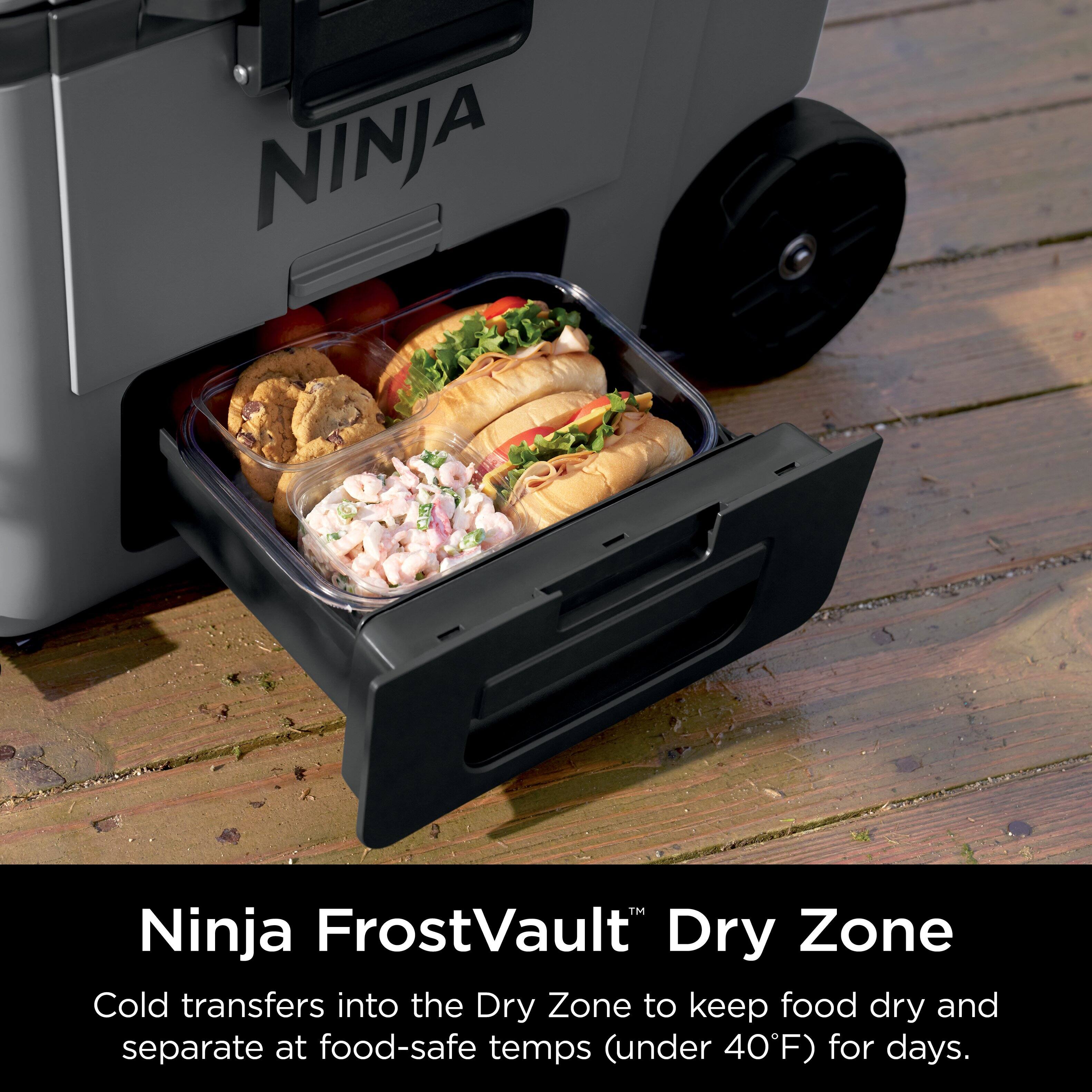 Ninja FrostVault Dry Zone: Cold transfers into the Dry Zone to keep food dry and separate at food-safe temps (under 40F) for days.