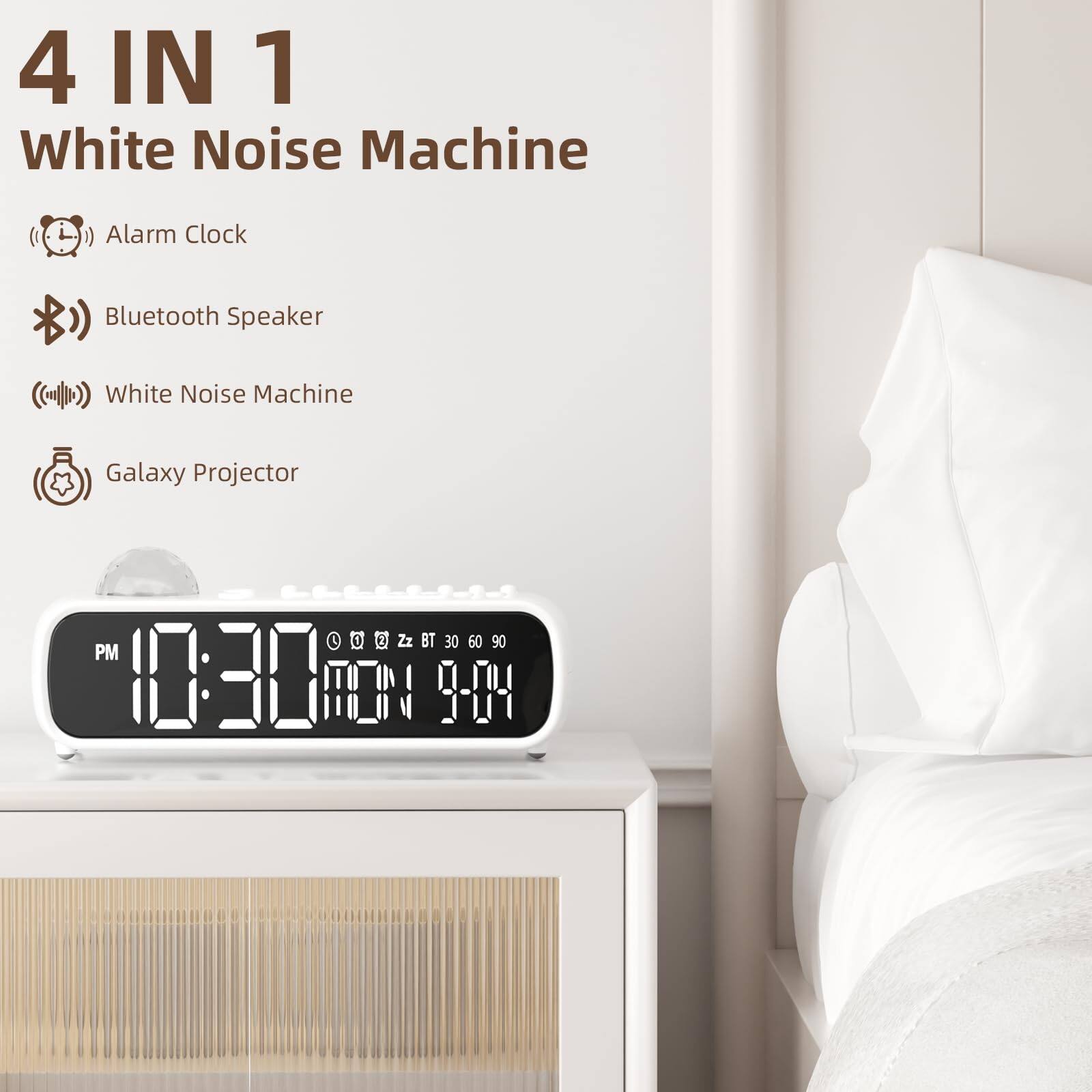 4 IN 1 White Noise Machine

- Alarm Clock
- Bluetooth Speaker
- White Noise Machine
- Galaxy Projector

10:30 PM MON 9-04

Zz BT 30 60 90
