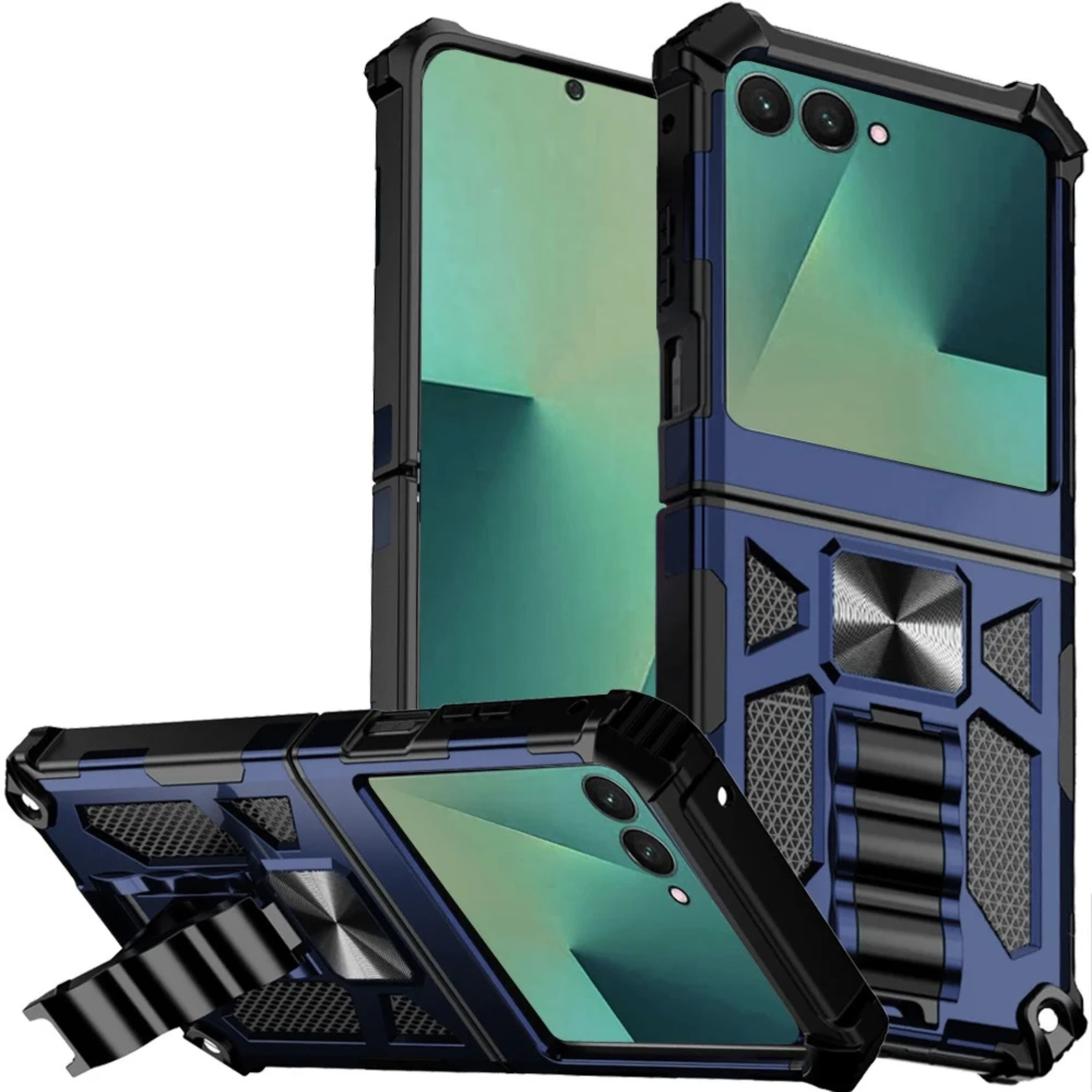 Kitcheniva - Modern Shockproof Stand Case With Metal Plate And Tempered Glass For Samsung Z Flip7 - Dark Blue