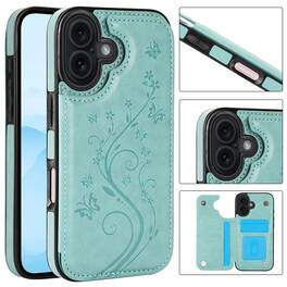Dteck - For Apple iPhone 16 Plus Wallet Case Flower Embossed Pattern PU Leather Card Slots Flip Kickstand Shockproof Cover - Mint