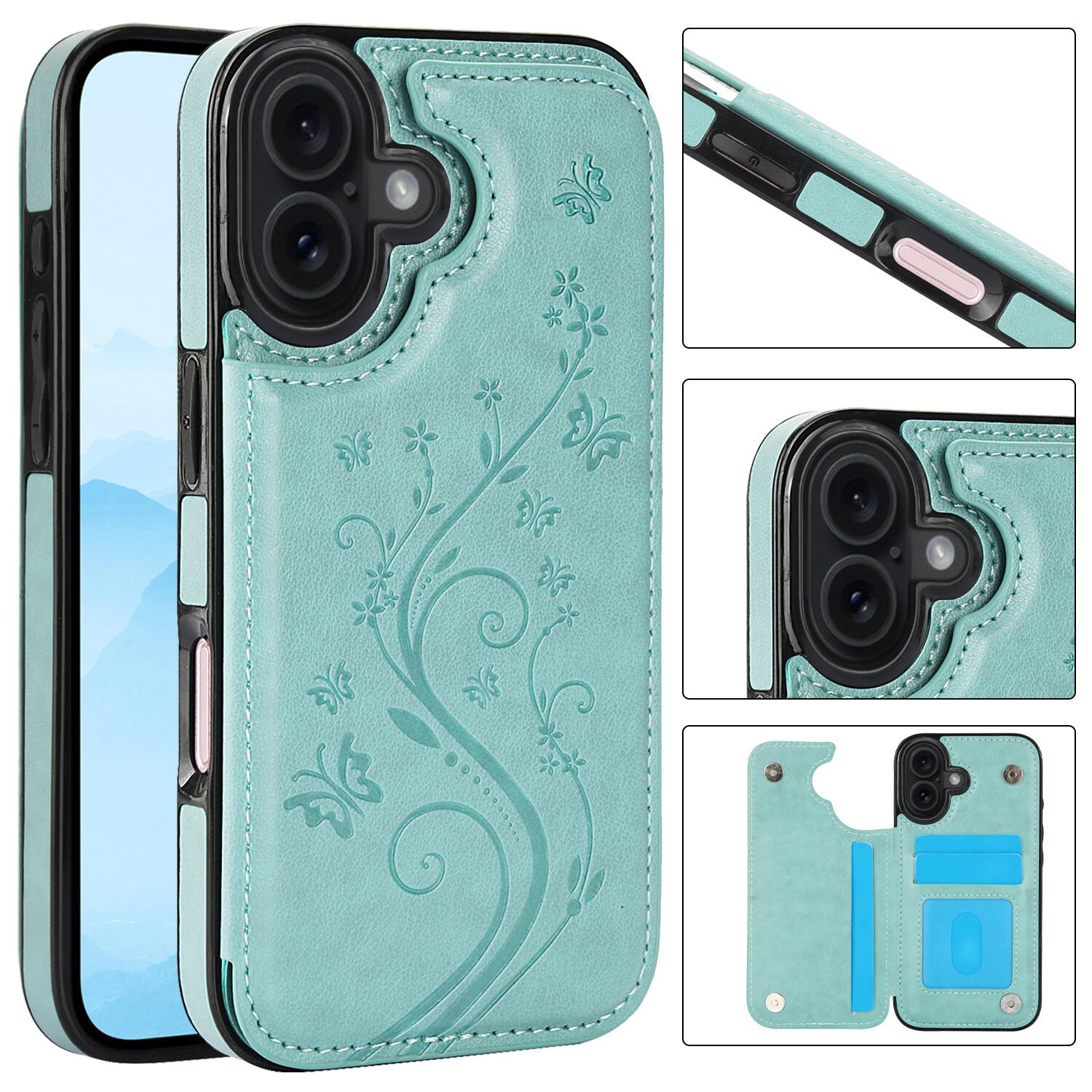 Front. Dteck - For Apple iPhone 16 Wallet Case Flower Embossed Pattern PU Leather Card Slots Flip Kickstand Shockproof Cover - Mint.