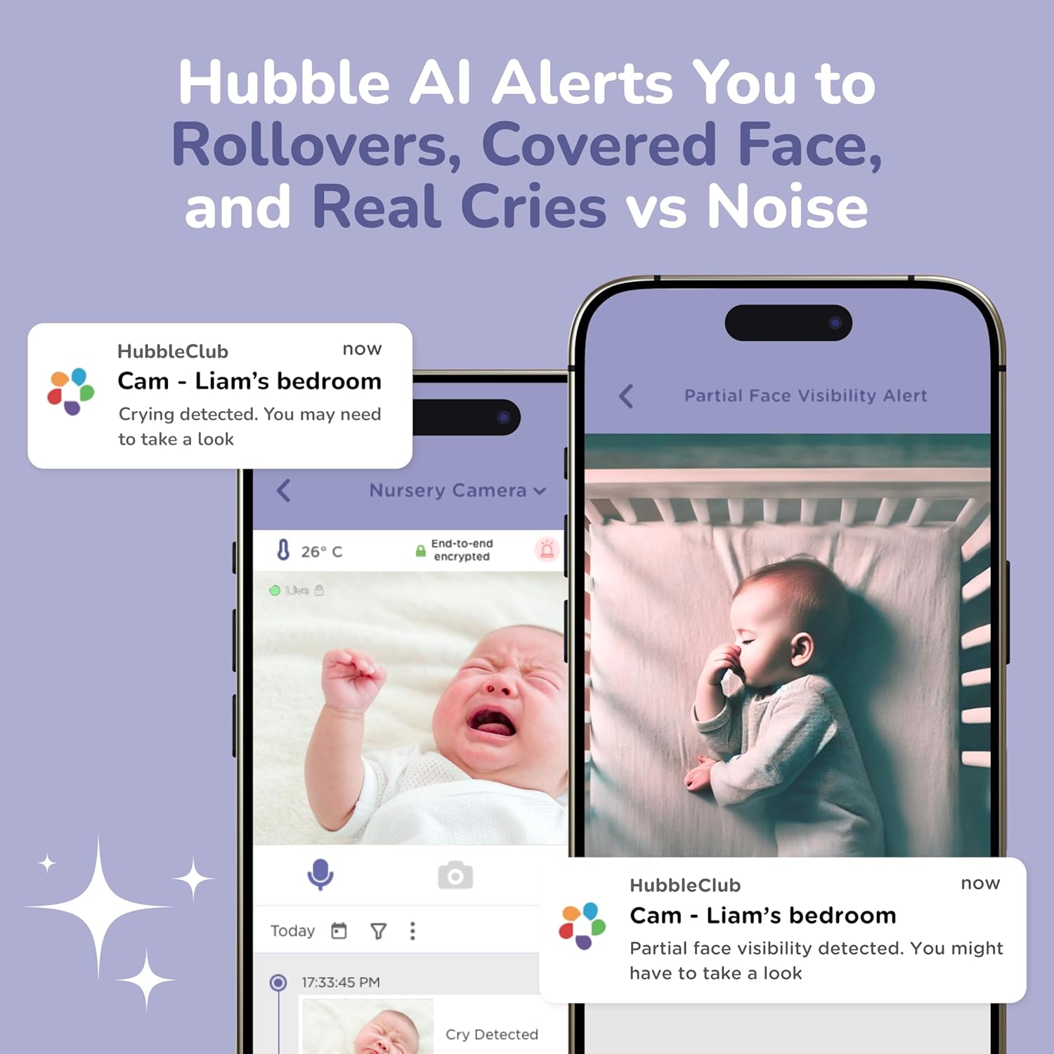 Hubble AI Alerts You to Rollers, Covered Face, and Real Cries vs Noise

HubbleClub now Cam - Liam's bedroom
Crying detected. You may need to take a look

Partial Face Visibility Alert
Nursery Camera

End-to-end encrypted

Today 17:33:45 PM
HubbleClub now Cam - Liam's bedroom
Partial face visibility detected. You might have to take a look

Cry Detected
