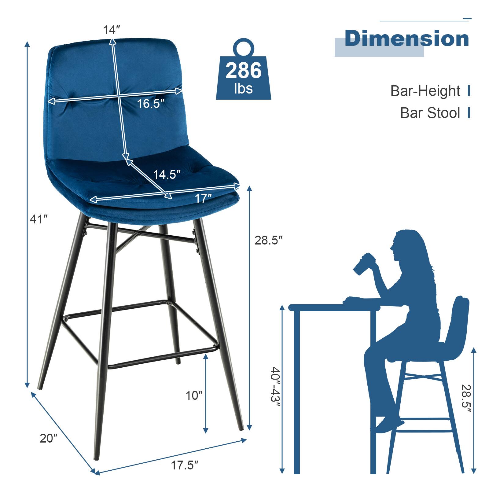 Dimension

Bar-Height | Bar Stool

14" 16.5" 286 lbs 14.5" 17" 41" 28.5" 10" 40"-43" 28.5" 20" 17.5"