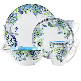 Elama - Blue Fiesta 16 Piece Round Porcelain Dinnerware Set - White, Blue, and Green
