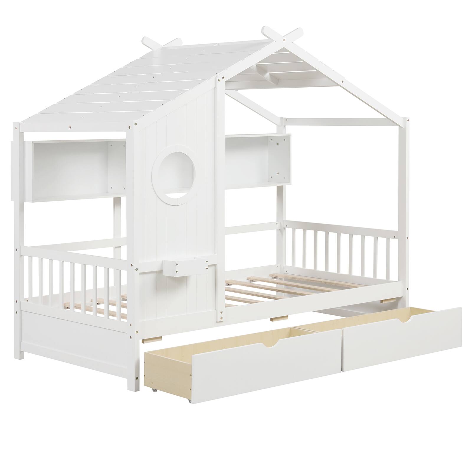 Alt View 1. Gymax - Gymax Twin Size House Bed Kids Bed Frame w/ 2 Storage Drawers & Fence Guardrails White - White.
