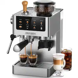 AIRMSEN - Espresso Machine w/ Grinder, 20 Bar, Milk Froth Wand, Cappuccino/Latte & Cold Brew, Touchscreen - Stainless Steel