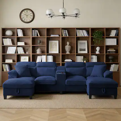 Front. Electra Tech Xpress - Sectional Couches for Living Room with 2 Cup Holders,Corduroy Modular Sectional Sofa with Movable and Storable Ottoman - DARY BLUE.