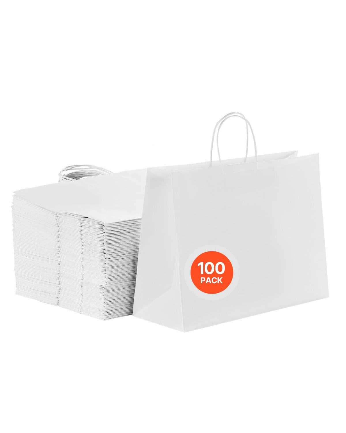 VEVOR - Kraft Paper Bags with Handles, 100Pcs 16 x 6 x 12 in, Large Paper Grocery Bags, Reusable & Recycled Take-Out Sacks - White