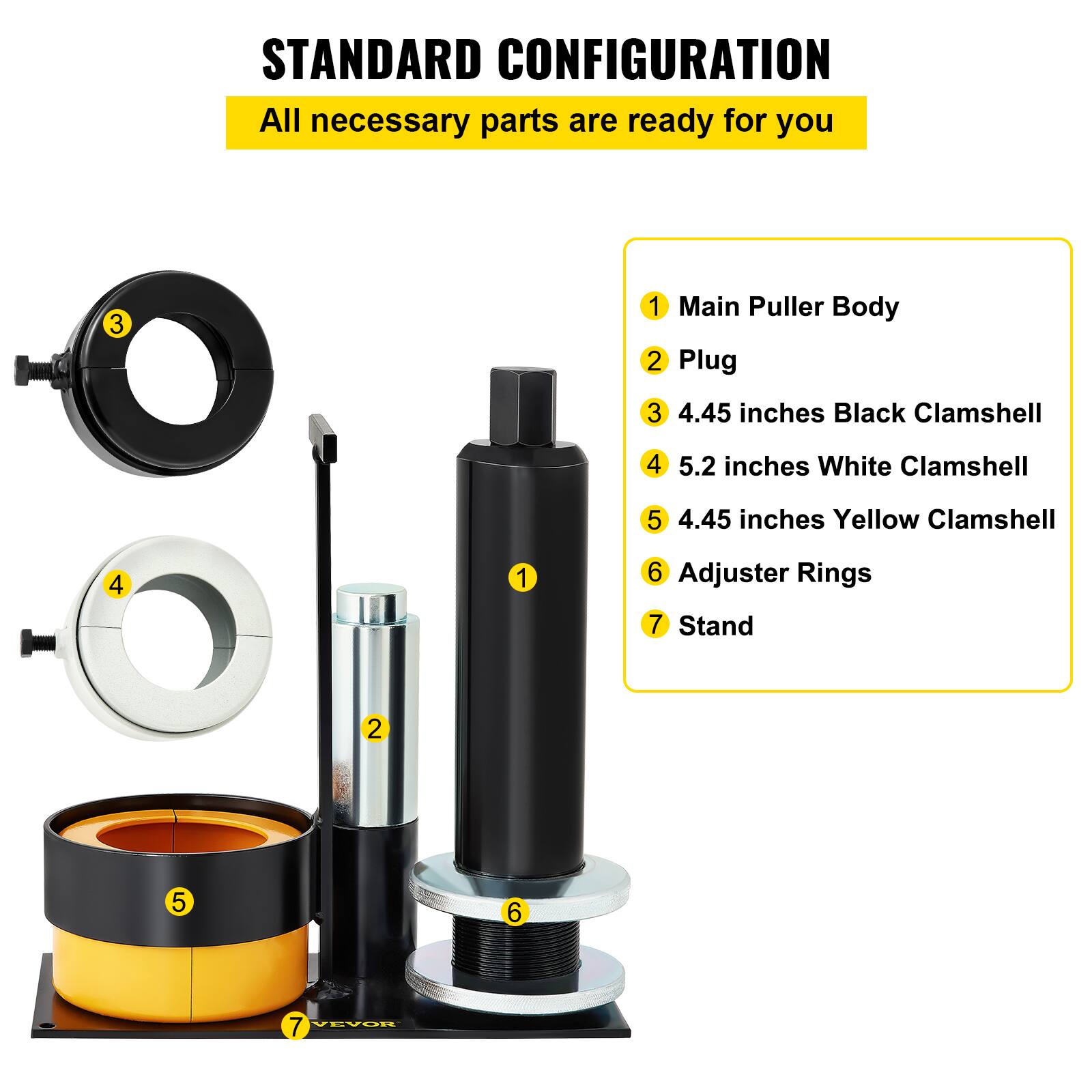 STANDARD CONFIGURATION  
All necessary parts are ready for you  

1. Main Puller Body  
2. Plug  
3. 4.45 inches Black Clamshell  
4. 5.2 inches White Clamshell  
5. 4.45 inches Yellow Clamshell  
6. Adjuster Rings  
7. Stand
