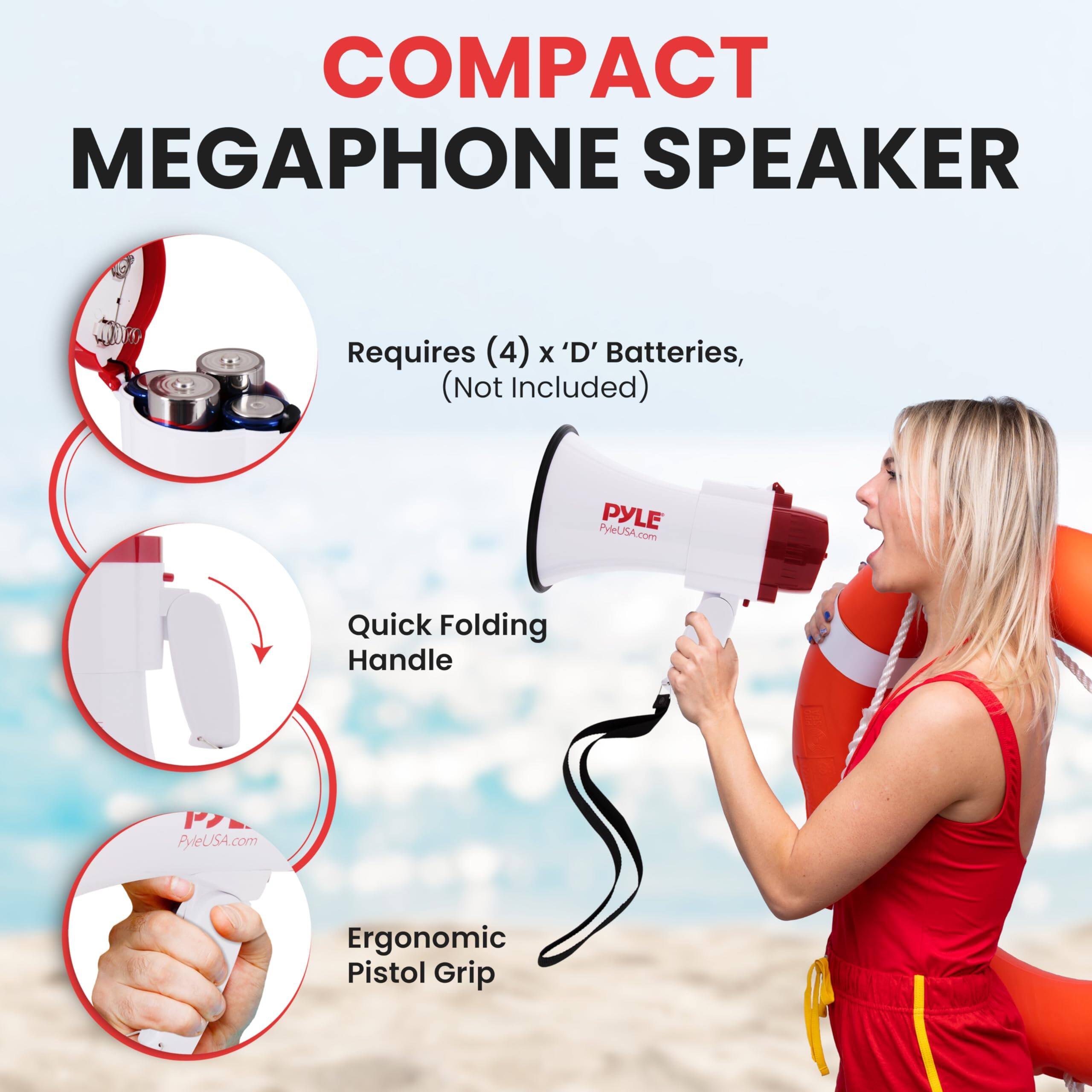 COMPACT MEGAPHONE SPEAKER, Requires (4) X 'D' Batteries, (Not Included), Quick Folding Handle, Ergonomic Pistol Grip, PYLE PyleUSA.com, PyleUSA.com
