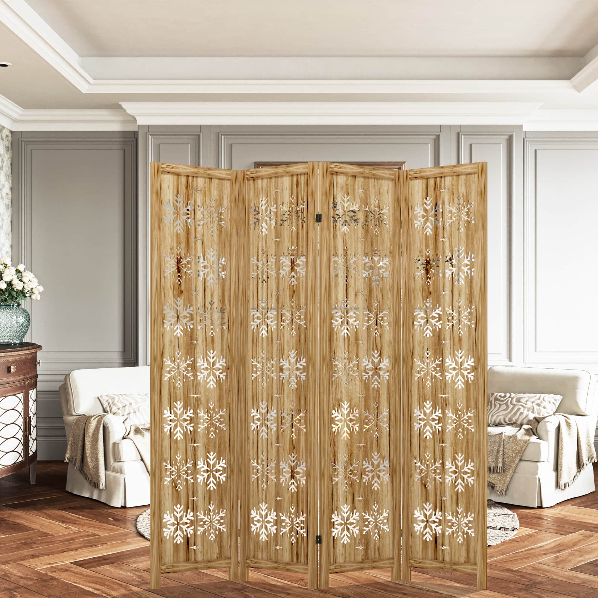 PexFix - Room Divider, 4-Panel Freestanding Wood Screen, Snow Pattern, 67 in. H Folding Privacy Screen for Office, Bedroom - Natural
