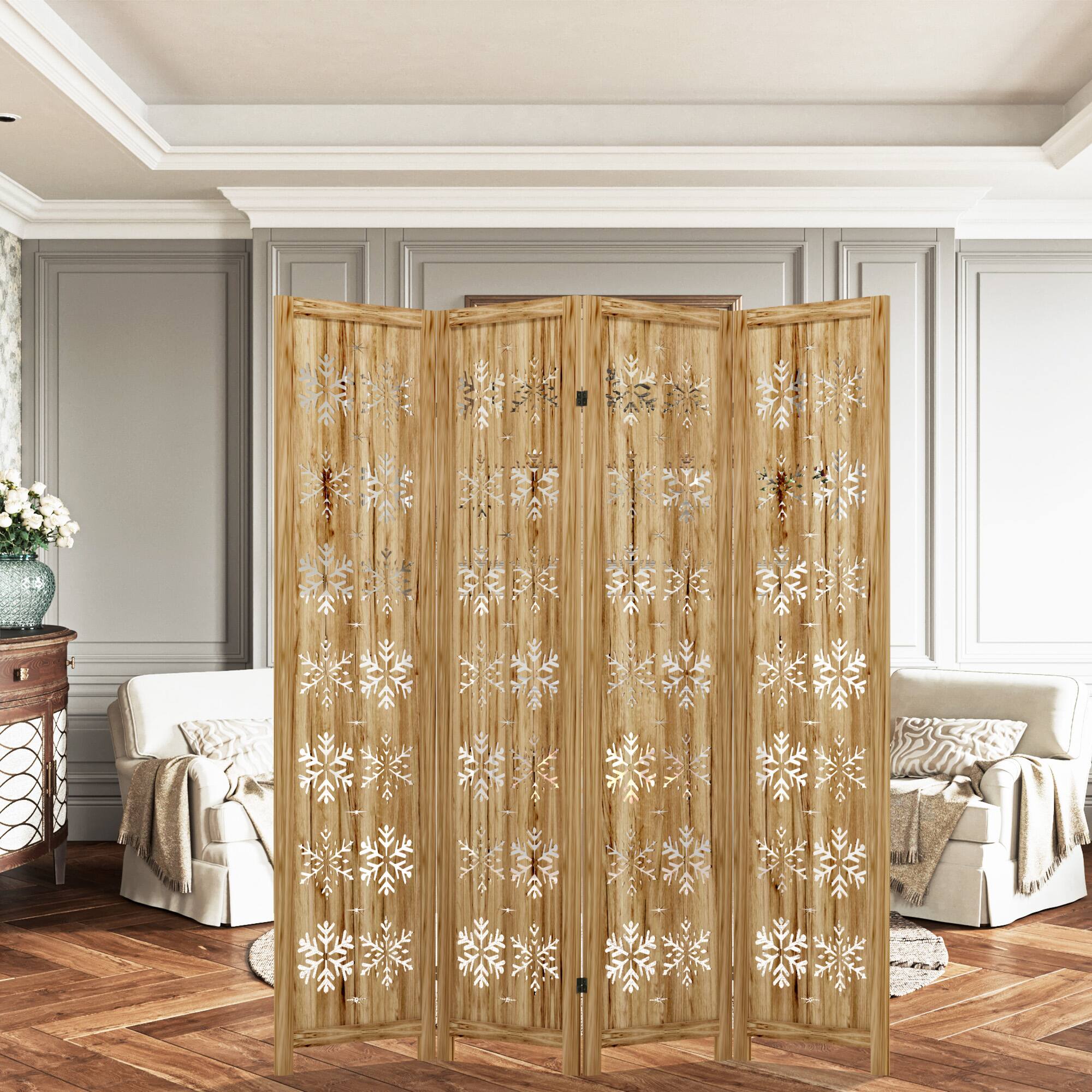 Front. PexFix - Room Divider, 4-Panel Freestanding Wood Screen, Snow Pattern, 67 in. H Folding Privacy Screen for Office, Bedroom - Natural.