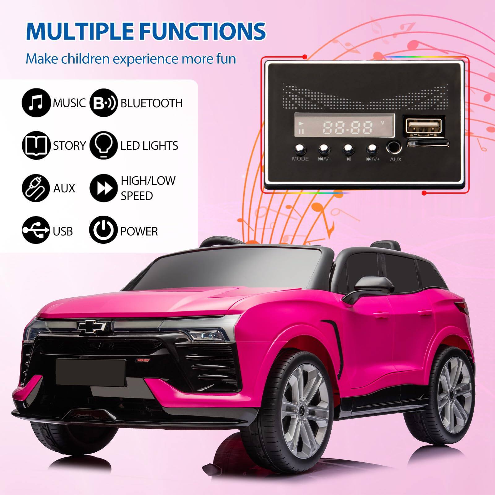 MULTIPLE FUNCTIONS  
Make children experience more fun  

- MUSIC  
- BLUETOOTH  
- STORY  
- LED LIGHTS  
- AUX  
- HIGH/LOW SPEED  
- USB  
- POWER  

88-88 V  
MODE  
AUX