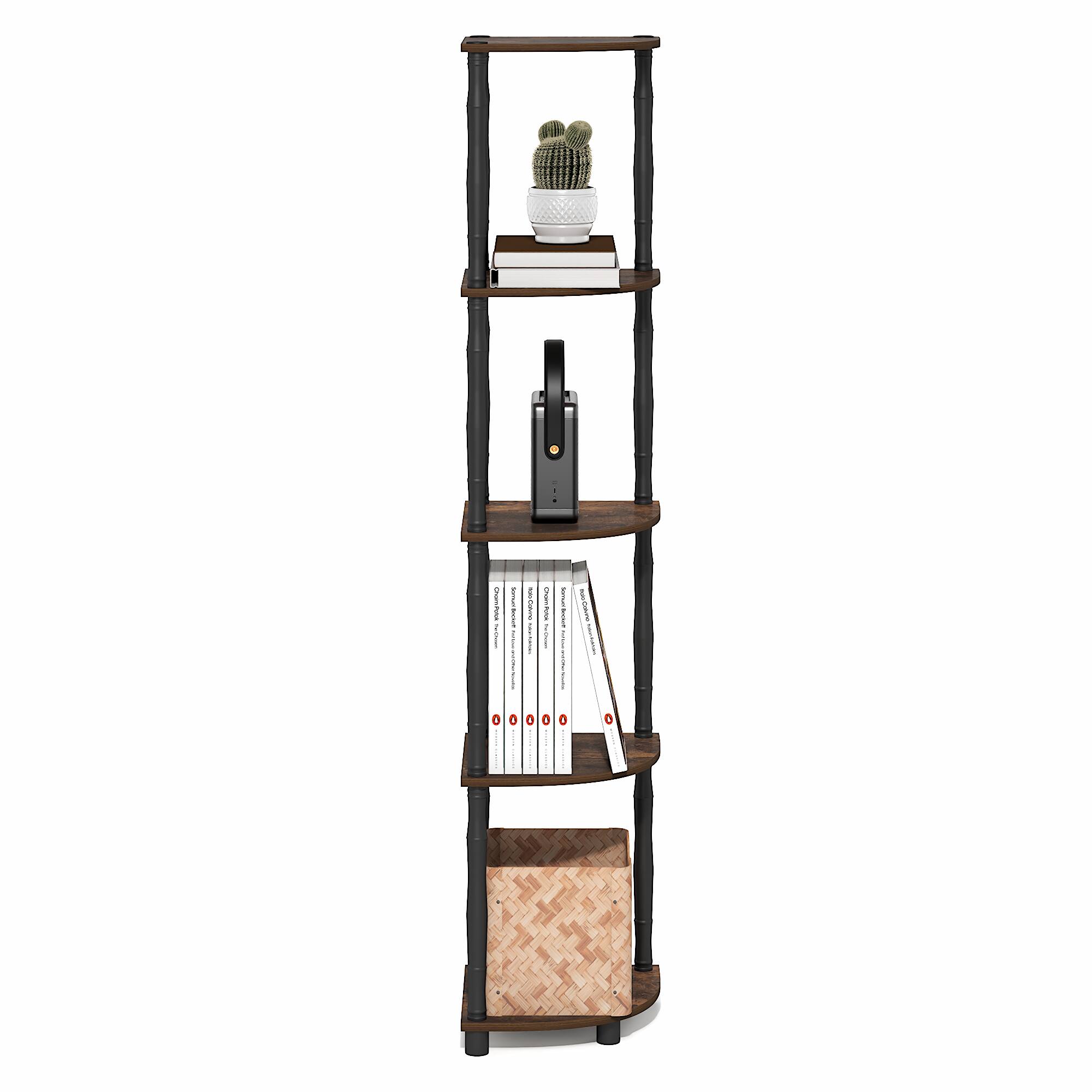 Alt View 4. Furinno - TURN-N-TUBE Storage Shelves, 5-Tier Corner Book Shelf, Standing Corner Shelf, Toolless Open Shelves, Classic Tubes - Amber Pine/Black.