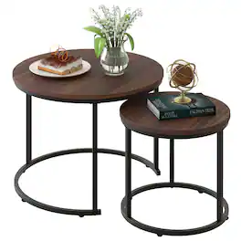 Hanke - Round Nesting Coffee Table Side End Tables For Living Room Bedroom Balcony Faux Marble Wooden Accent With - Black Brown Engineered Wood
