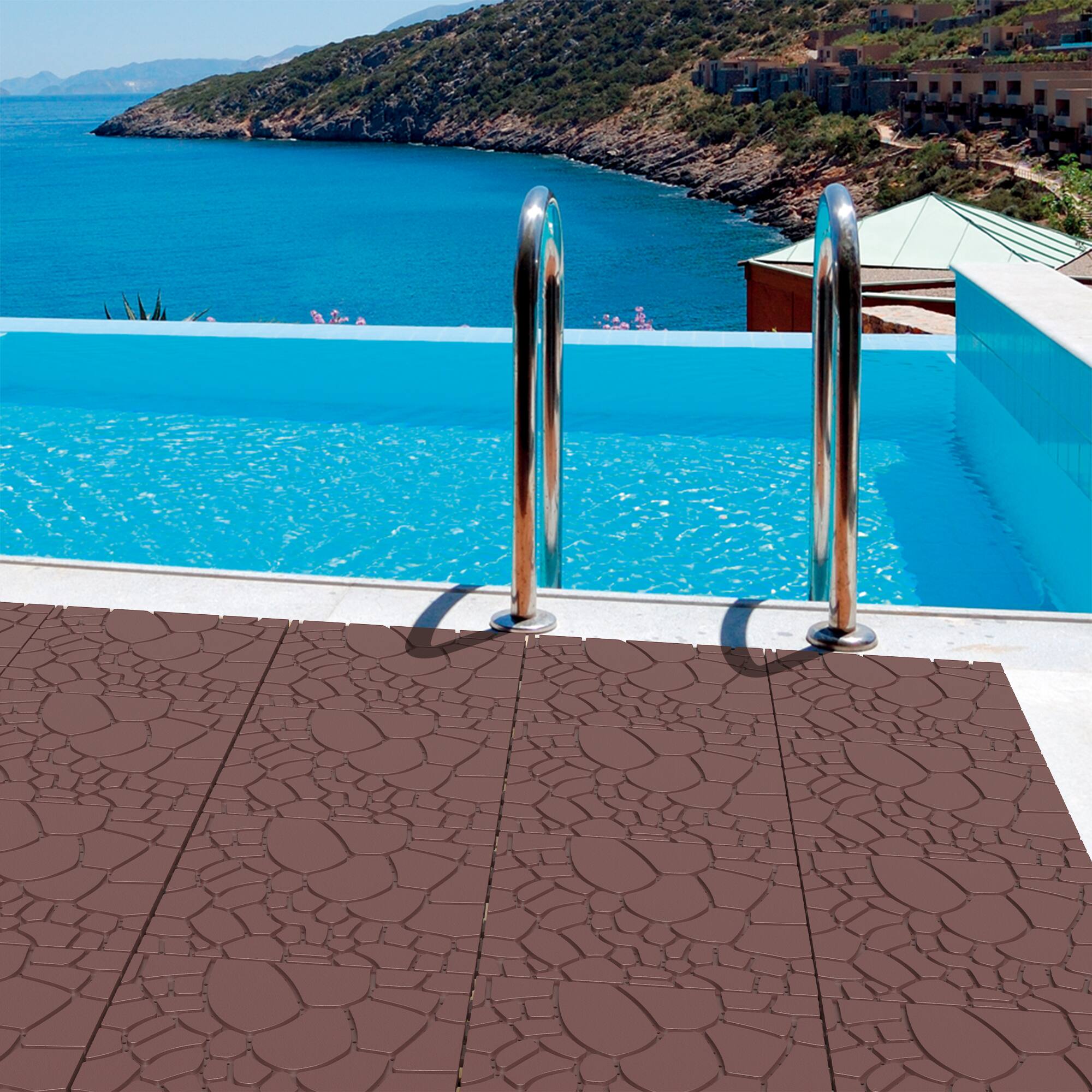 Back. APRILSOUL - 44pcs 12in Stone Texture Interlocking Deck Tiles Indoor Outdoor Brown - Brown.
